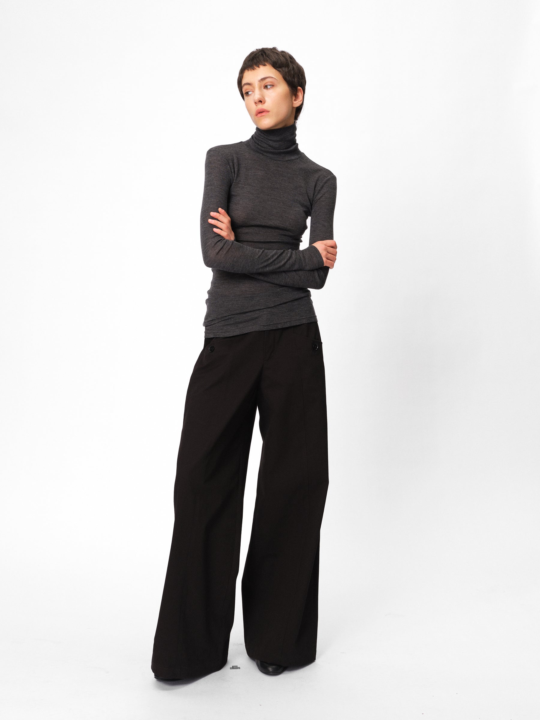 Mid-Low Rise Cotton Structured Wide-Leg Trousers black