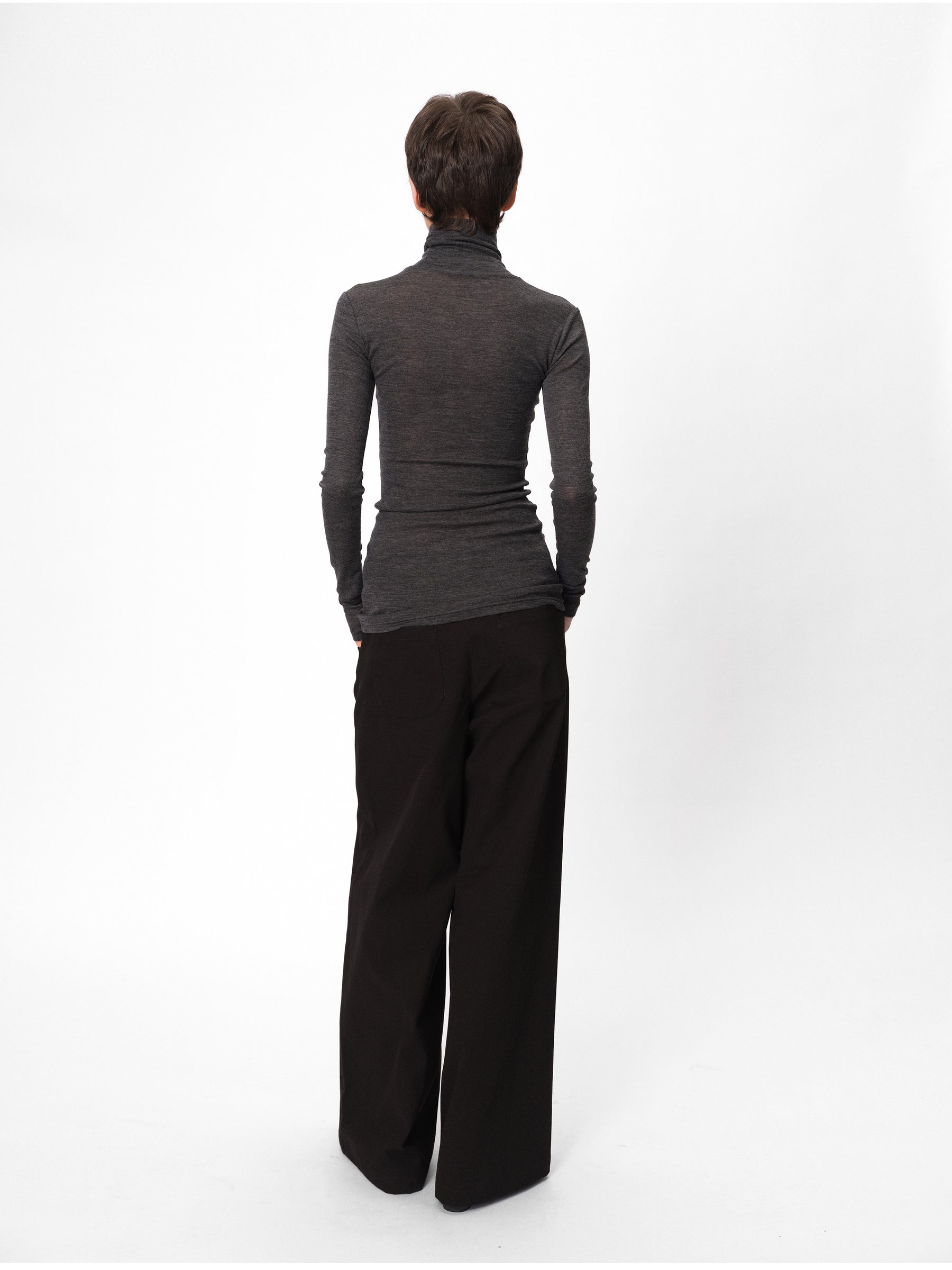 Merino Wool Regular-Sleeve Mock Neck Fitted Long-Sleeve Top heather gray