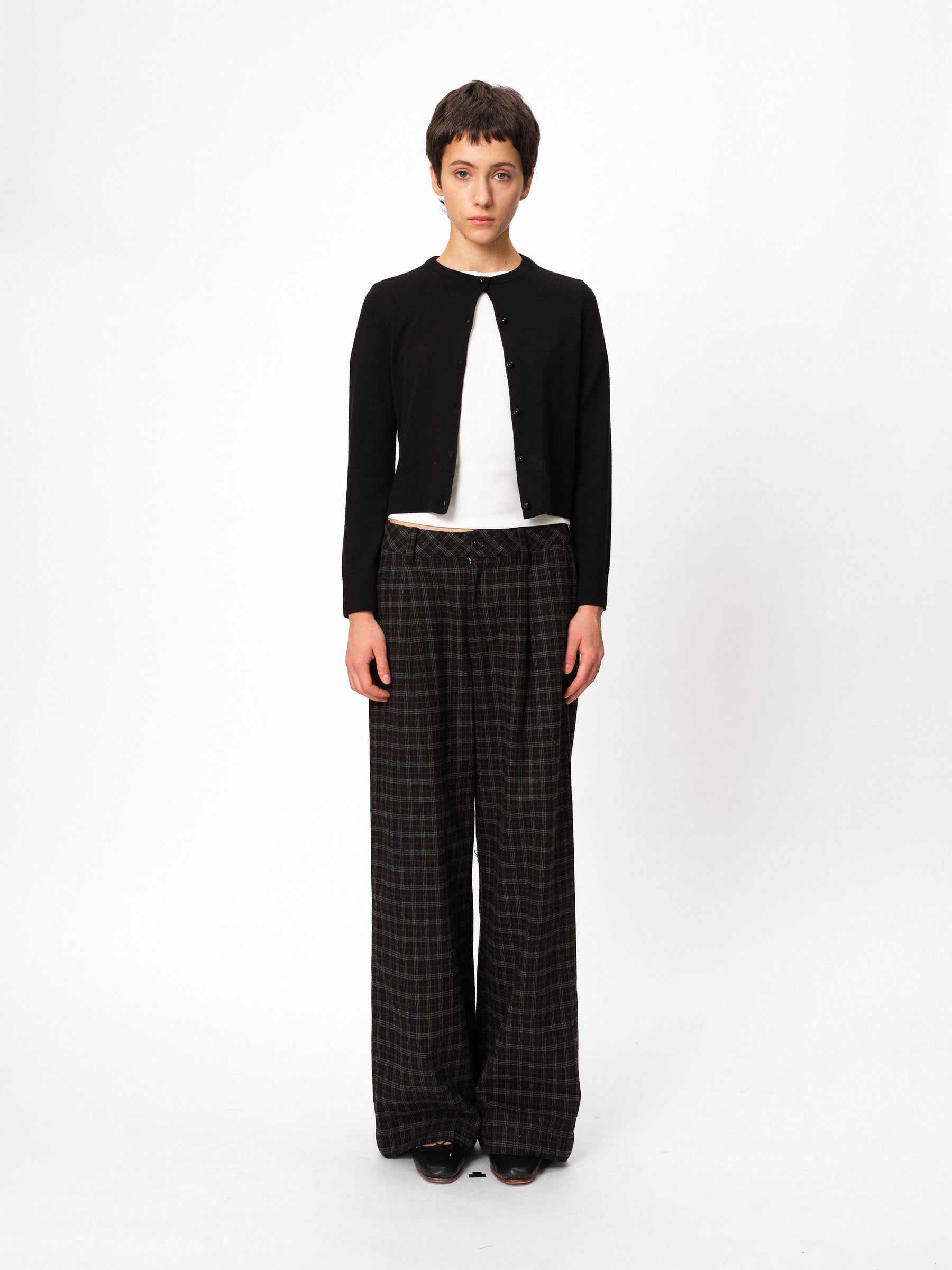 Mid-Rise Wool Blend Elastic Waist Pleated Check Trousers black & white with orange check