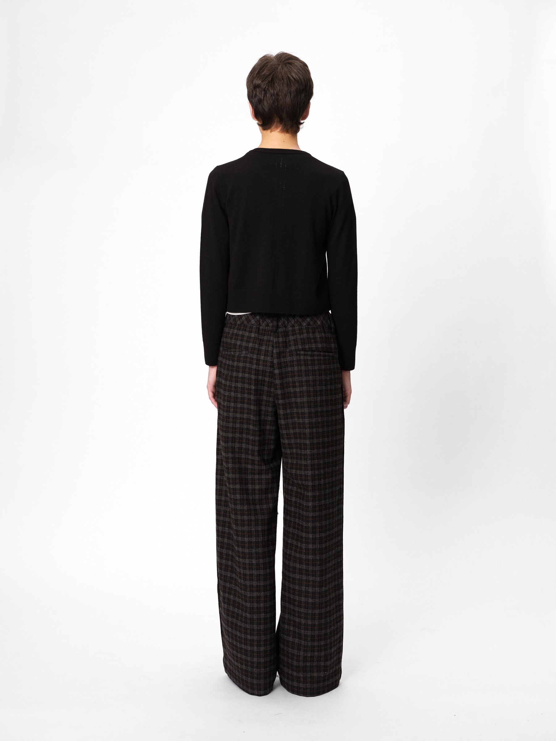 Mid-Rise Wool Blend Elastic Waist Pleated Check Trousers black & white with orange check