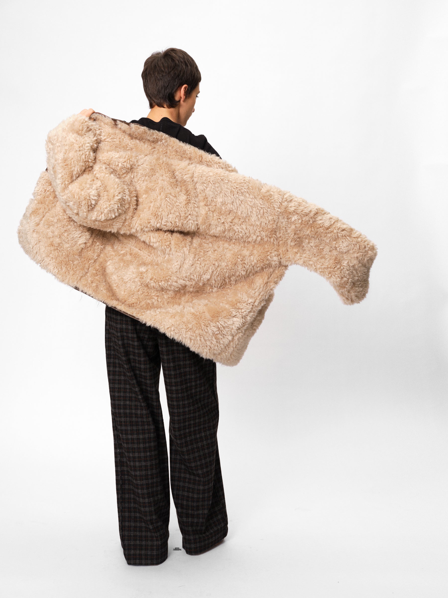 Mid-Rise Wool Blend Elastic Waist Pleated Check Trousers black & white with orange check