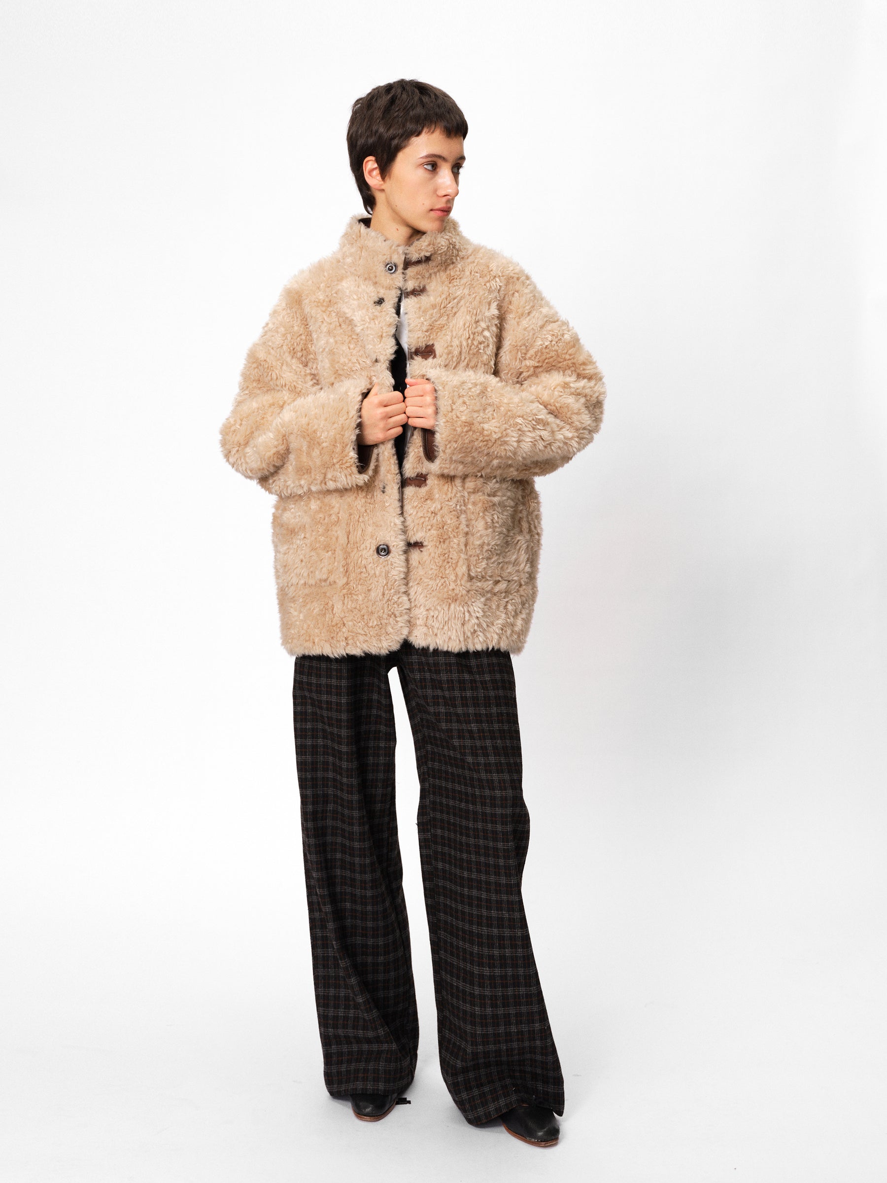 Mid-Rise Wool Blend Elastic Waist Pleated Check Trousers black & white with orange check