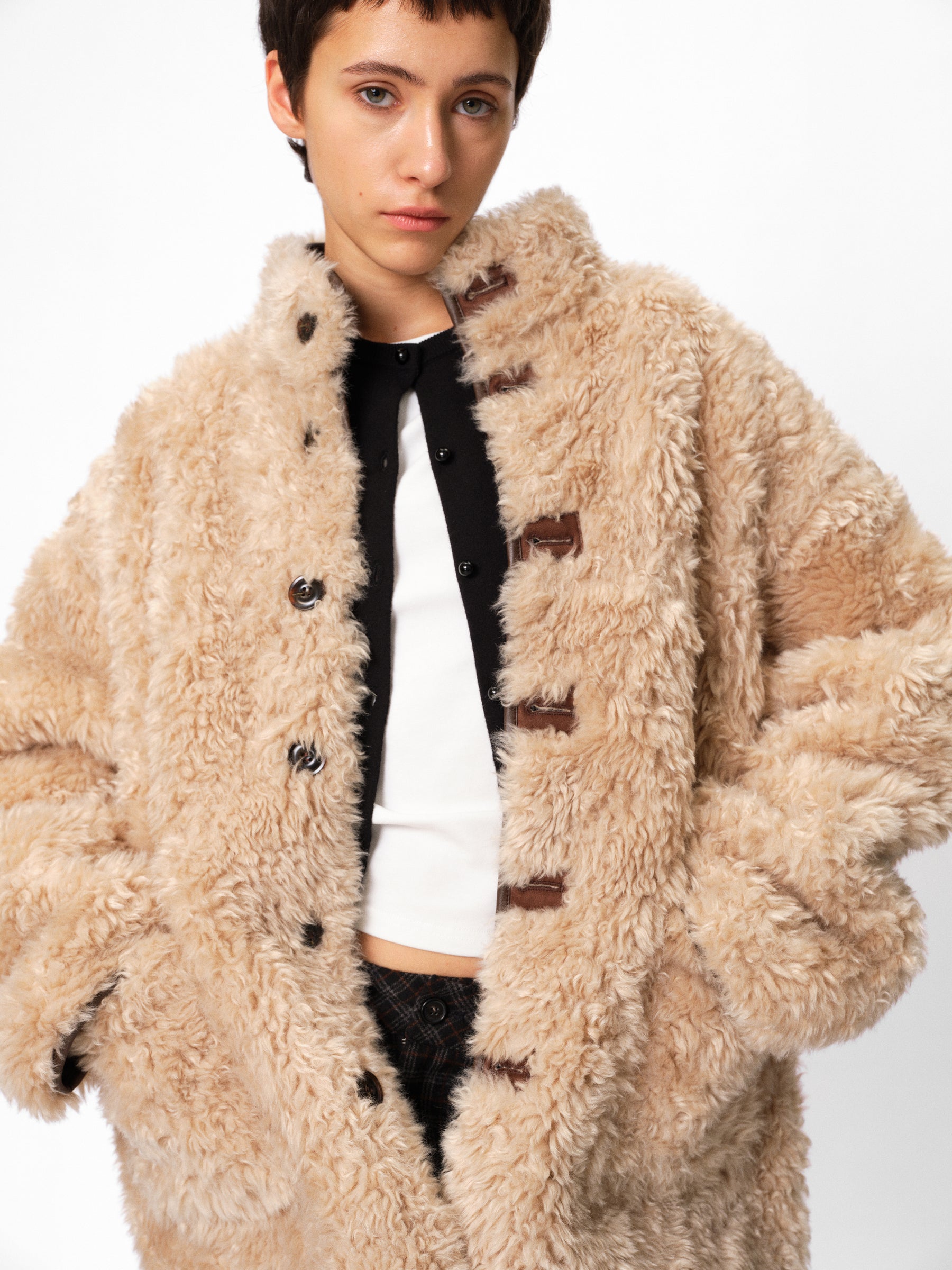 Reversible Notched Collar Faux Shearling Coat mocha