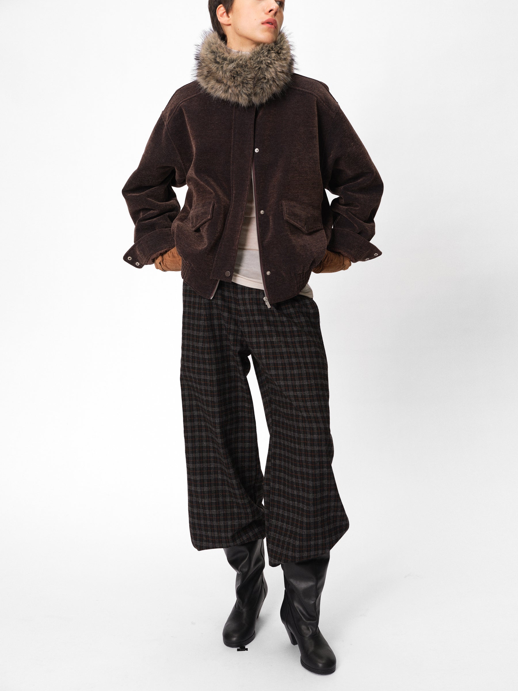 Mid-Rise Wool Blend Elastic Waist Pleated Check Trousers black & white with orange check