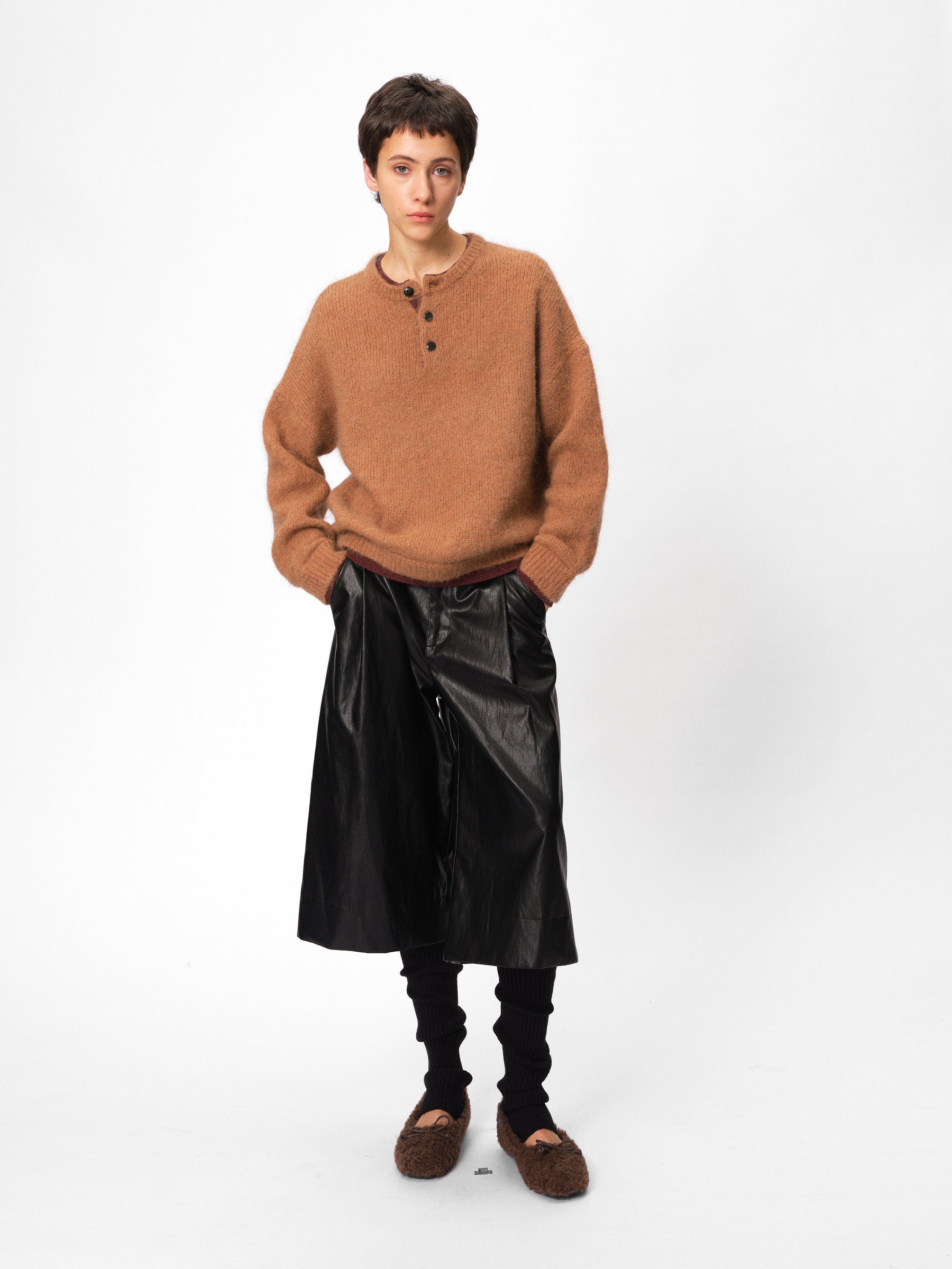 Brushed Alpaca Color-Block Paneled Half-Zip Sweater khaki