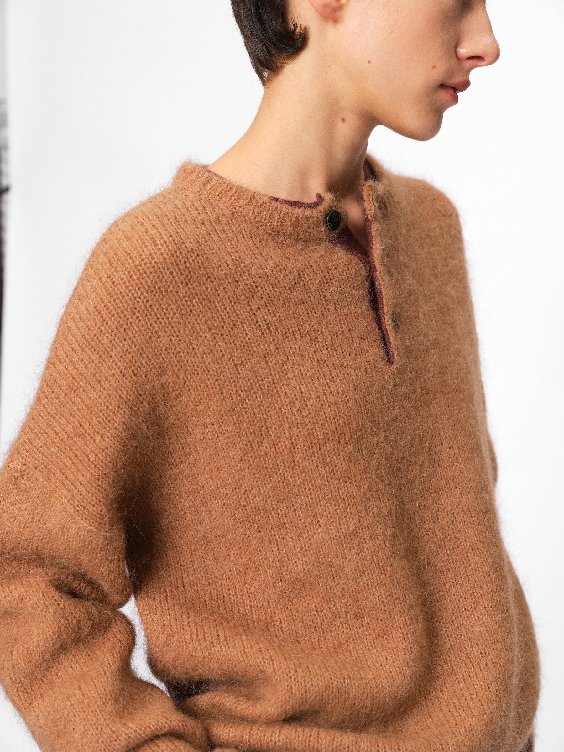 Brushed Alpaca Color-Block Paneled Half-Zip Sweater khaki