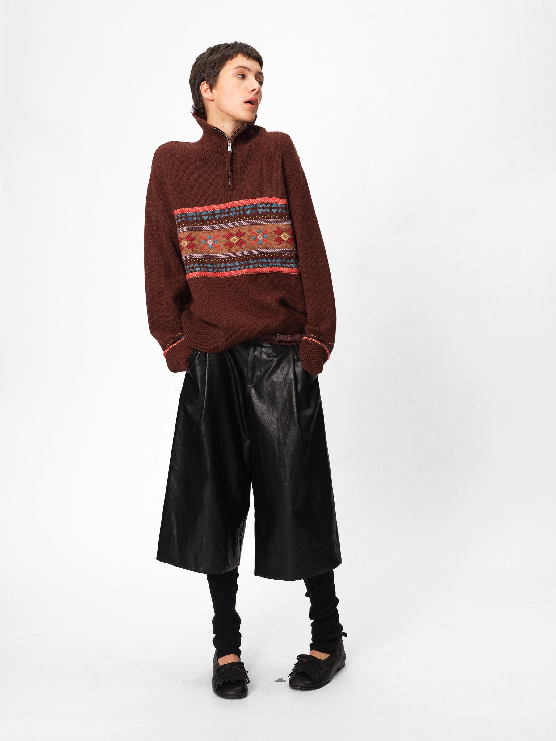Half-Zip Stand Collar Fair Isle Jacquard Pullover coffee brown