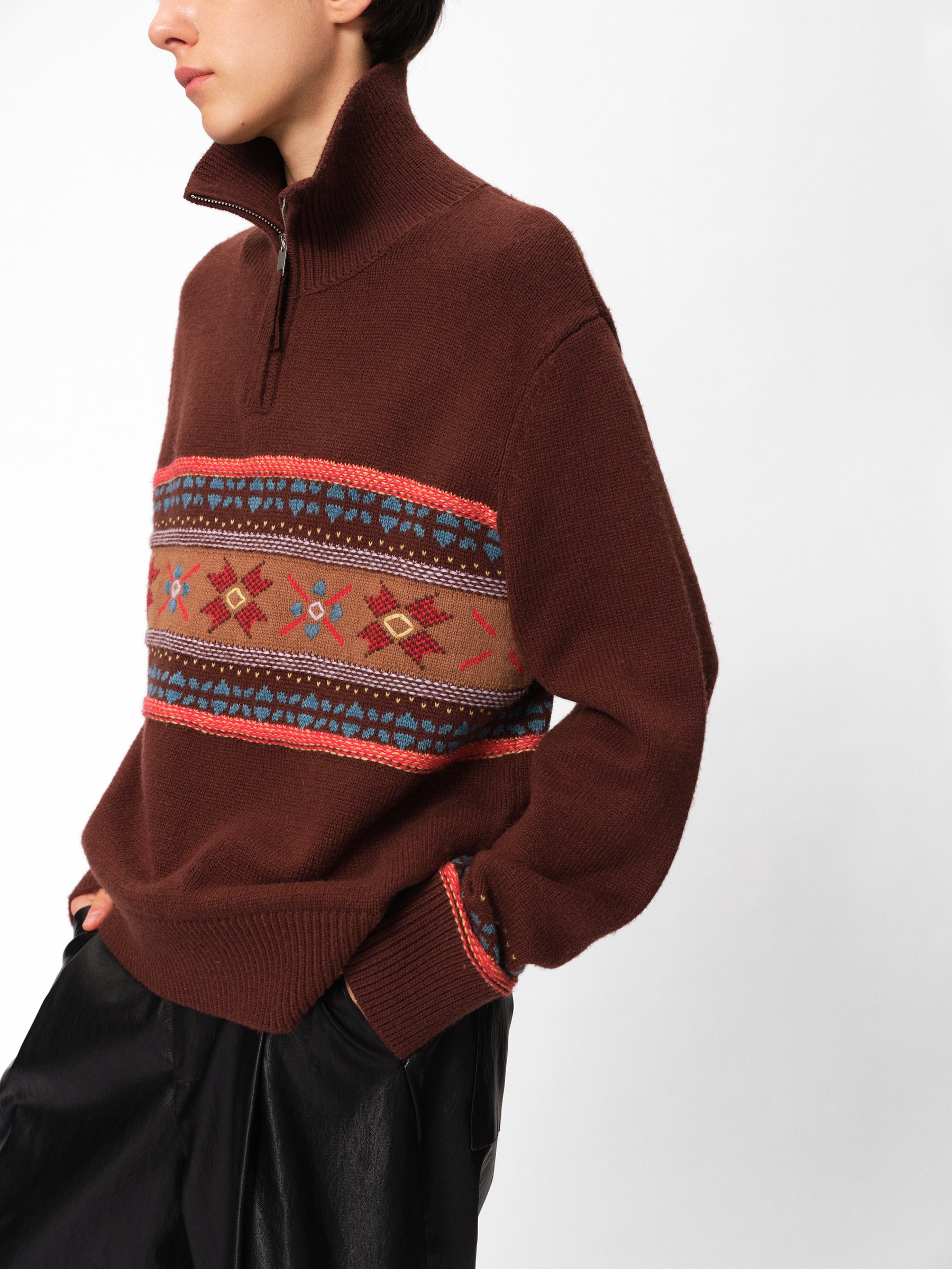 Half-Zip Stand Collar Fair Isle Jacquard Pullover coffee brown