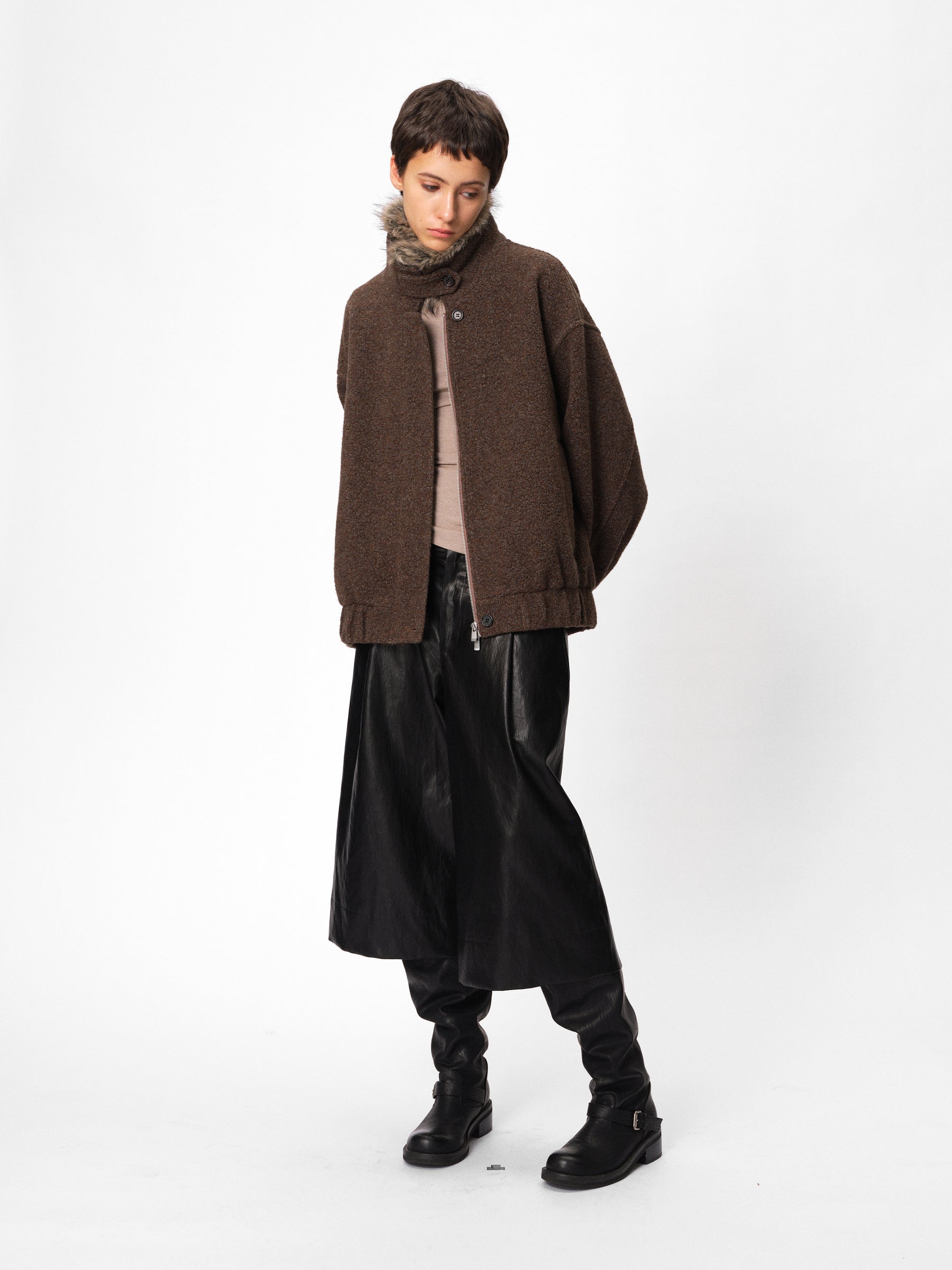 Wool Blend Plush Loop Knit Stand Collar Oversized Jacket taupe