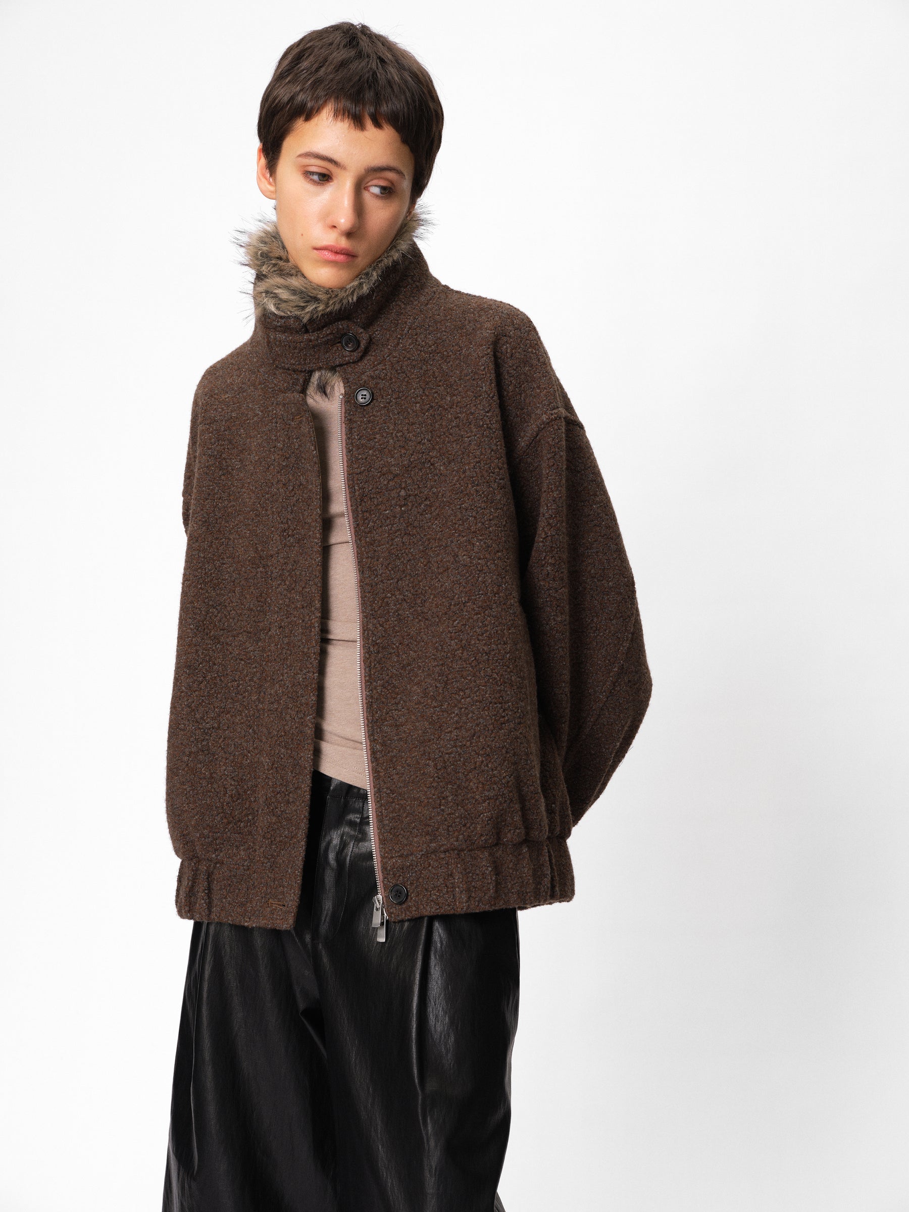 Wool Blend Plush Loop Knit Stand Collar Oversized Jacket taupe