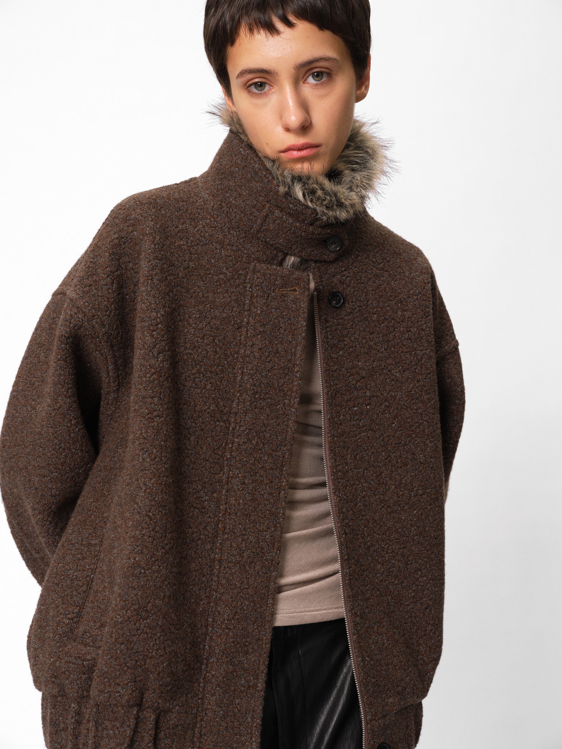 Wool Blend Plush Loop Knit Stand Collar Oversized Jacket taupe