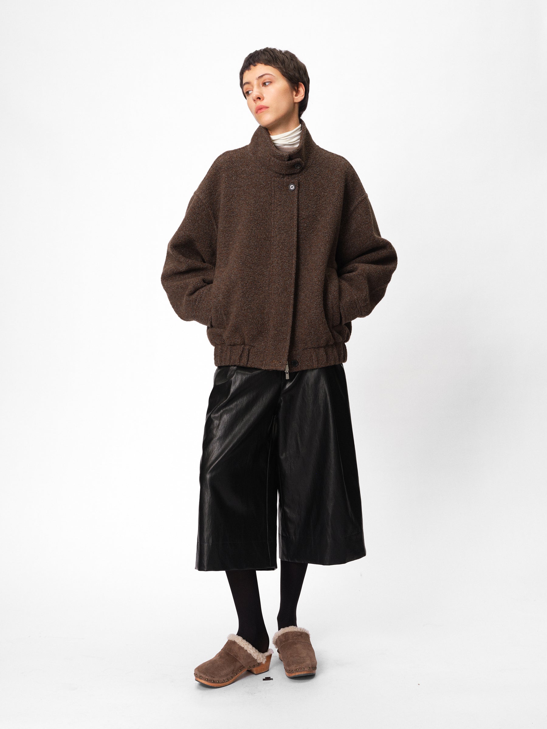 Wool Blend Plush Loop Knit Stand Collar Oversized Jacket taupe