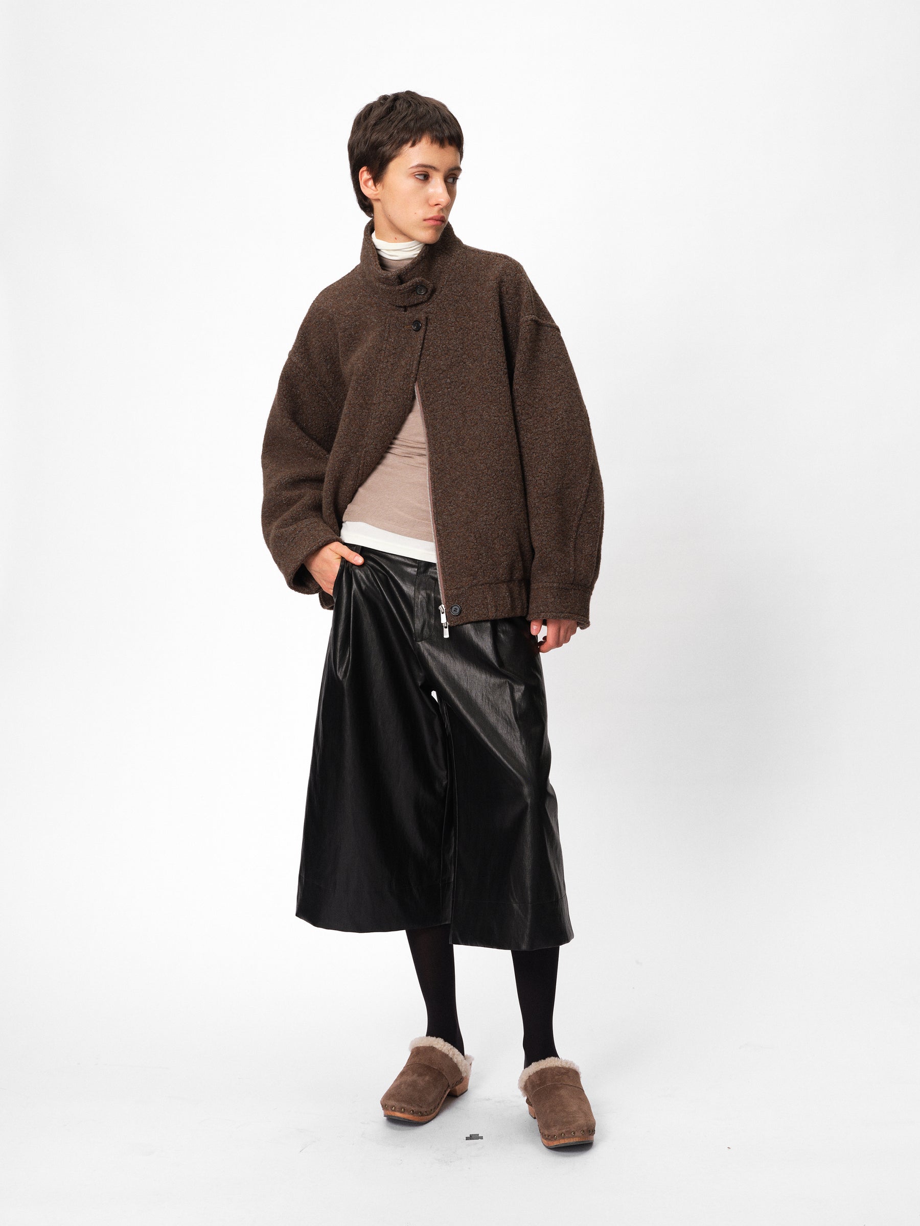 Wool Blend Plush Loop Knit Stand Collar Oversized Jacket taupe