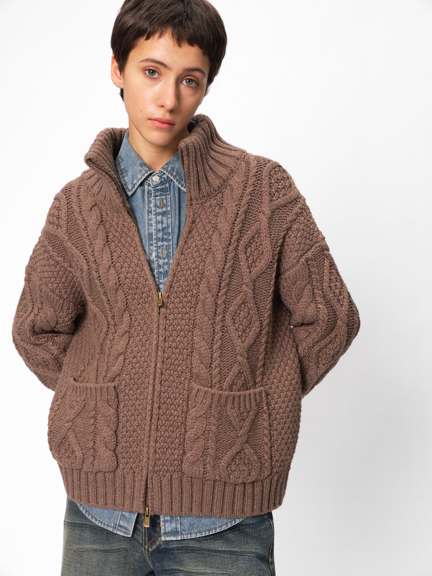 Wool Stand Collar Cable Knit Zip-Front Sweater Coat mocha marle