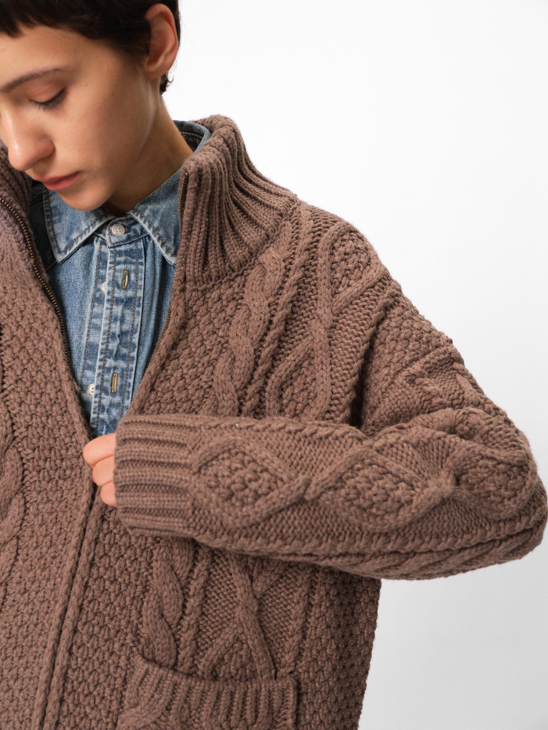 Wool Stand Collar Cable Knit Zip-Front Sweater Coat mocha marle