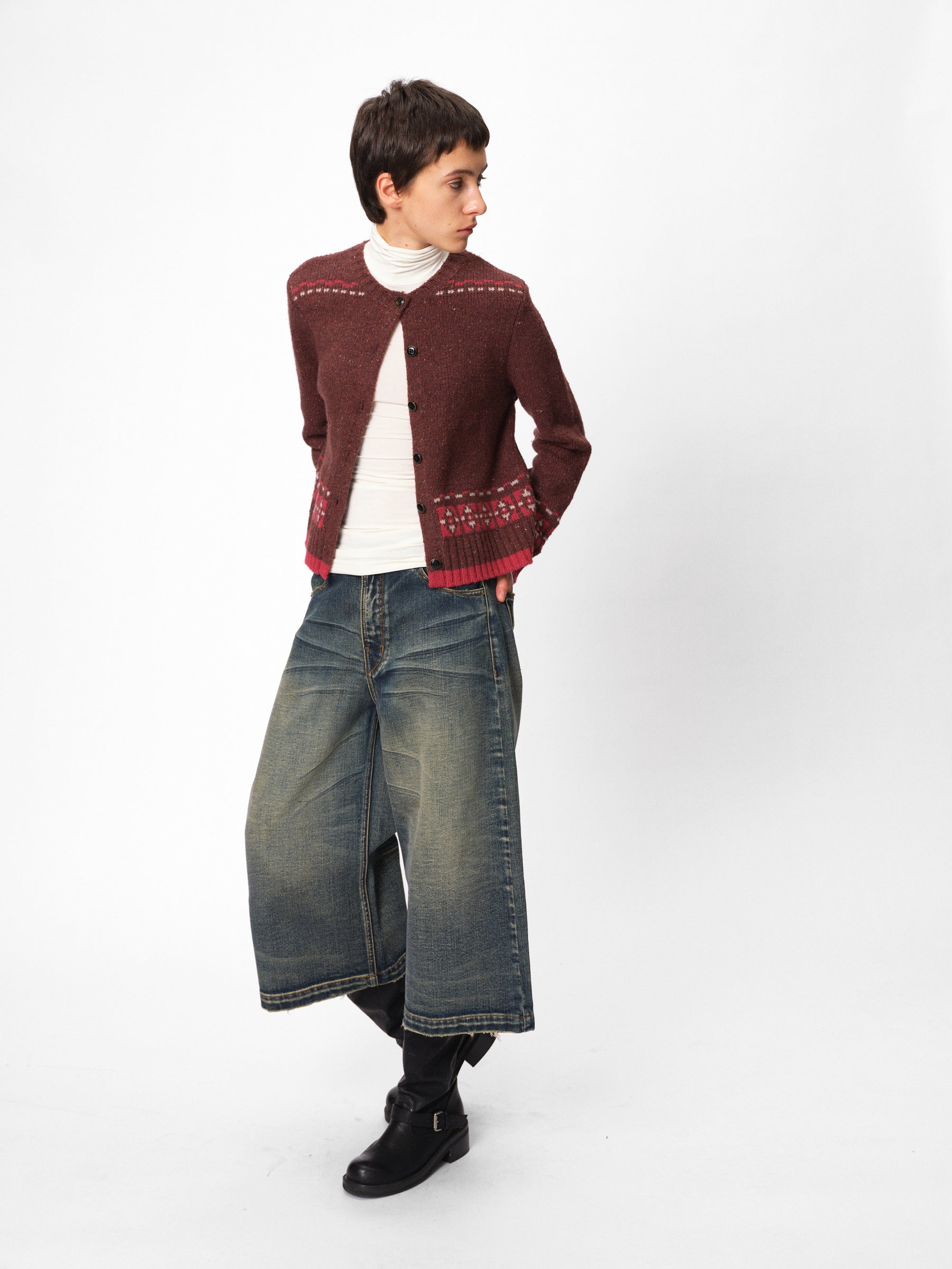 Wool Blend Fair Isle Jacquard Cardigan Sweater hot pink