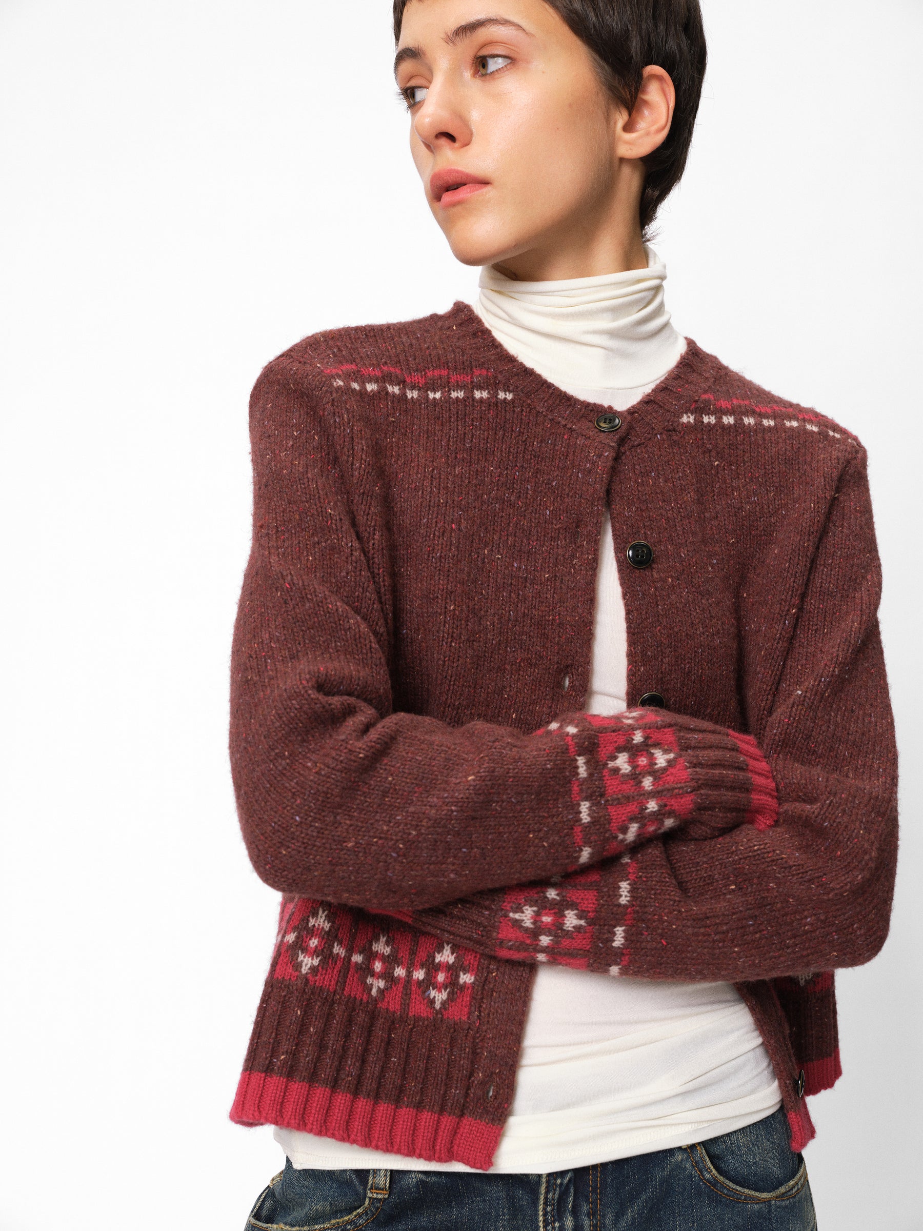 Wool Blend Fair Isle Jacquard Cardigan Sweater hot pink