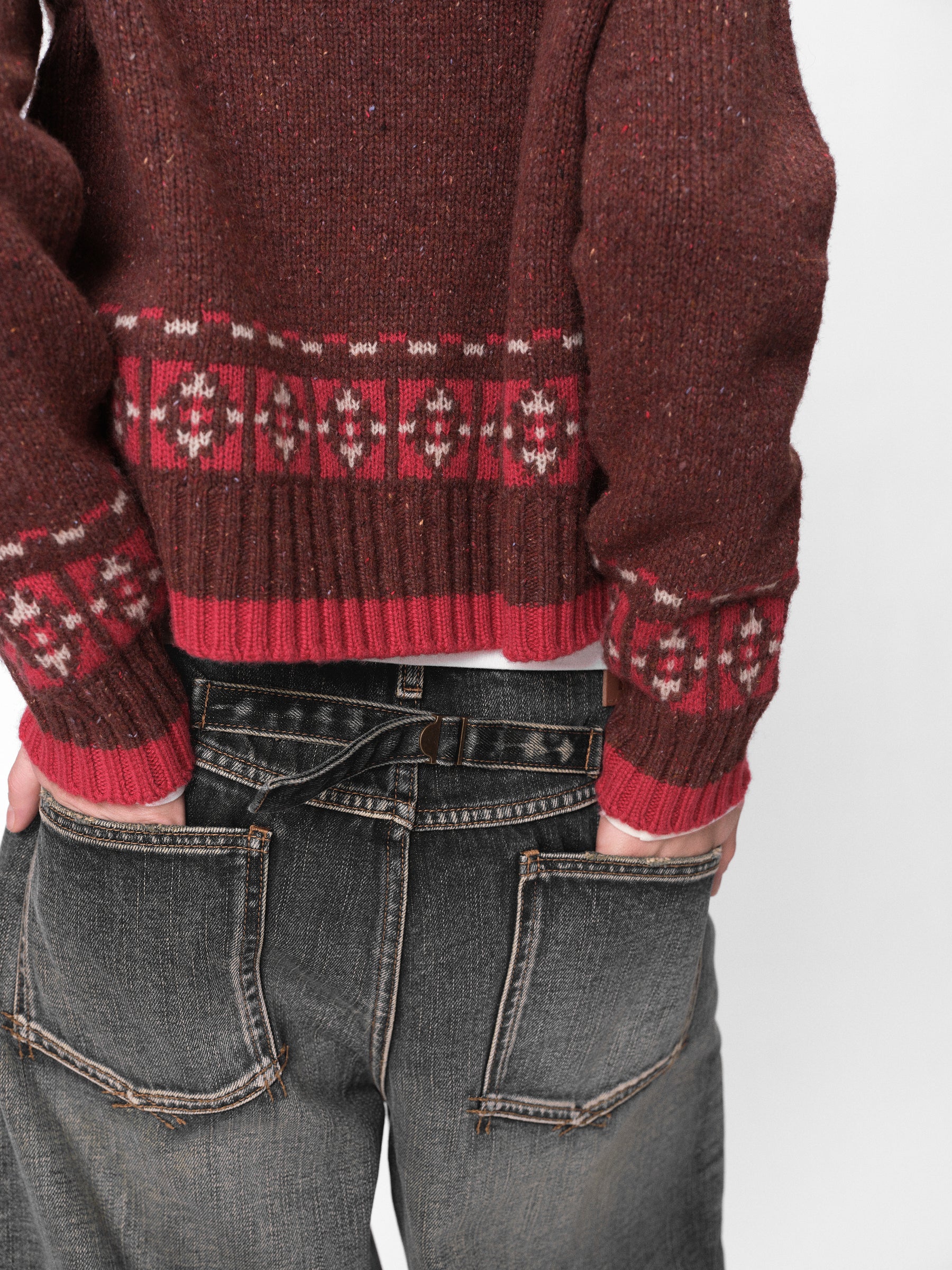 Wool Blend Fair Isle Jacquard Cardigan Sweater hot pink