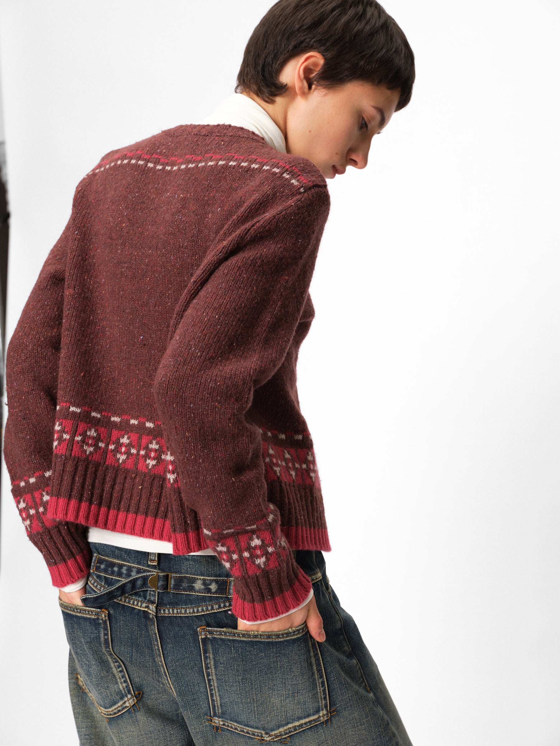 Wool Blend Fair Isle Jacquard Cardigan Sweater hot pink