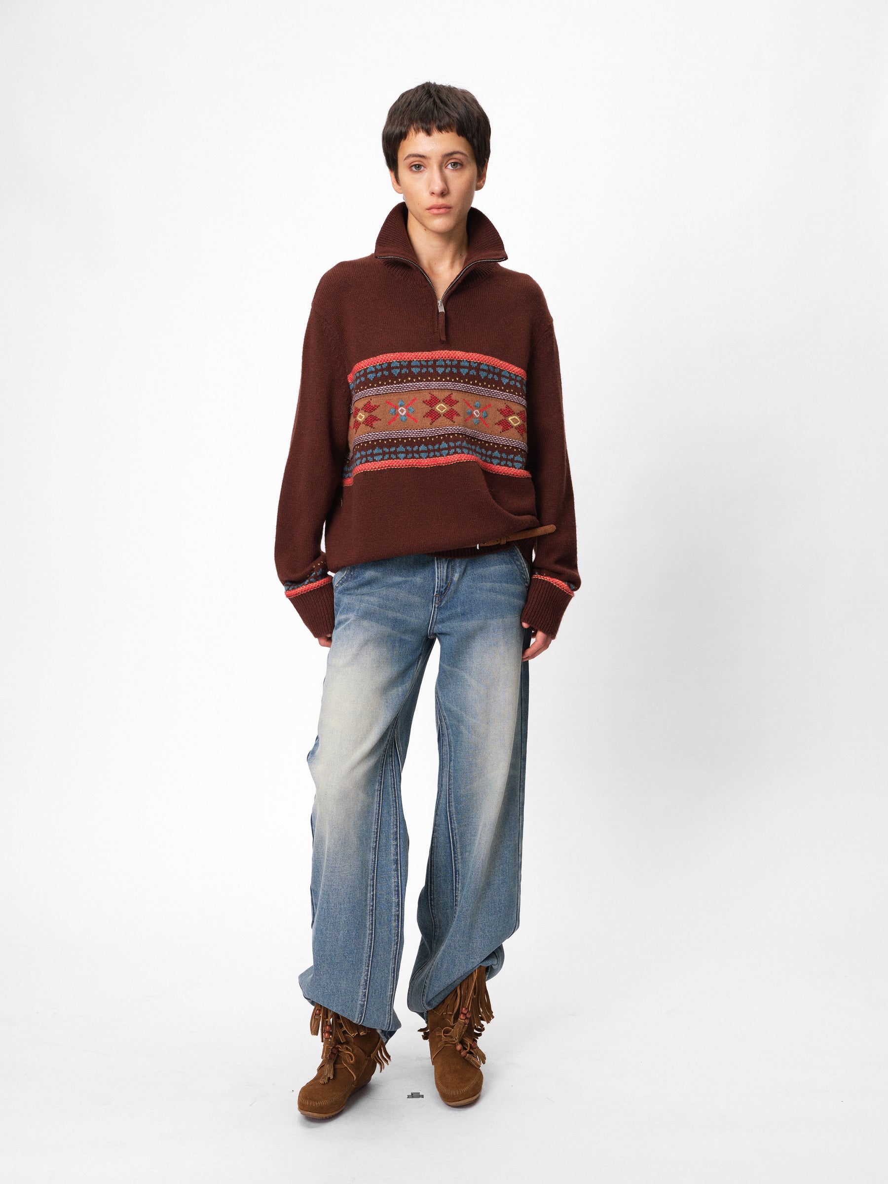 Half-Zip Stand Collar Fair Isle Jacquard Pullover coffee brown