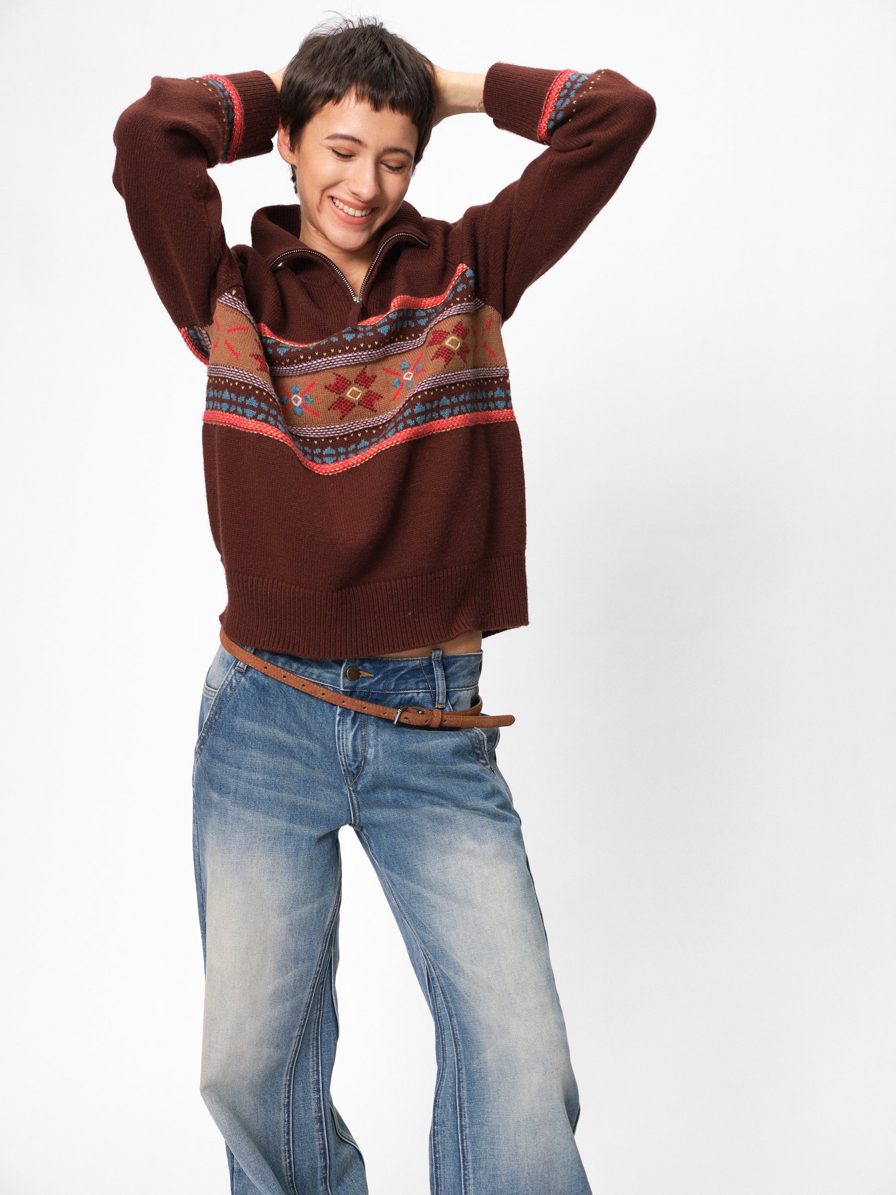 Half-Zip Stand Collar Fair Isle Jacquard Pullover coffee brown