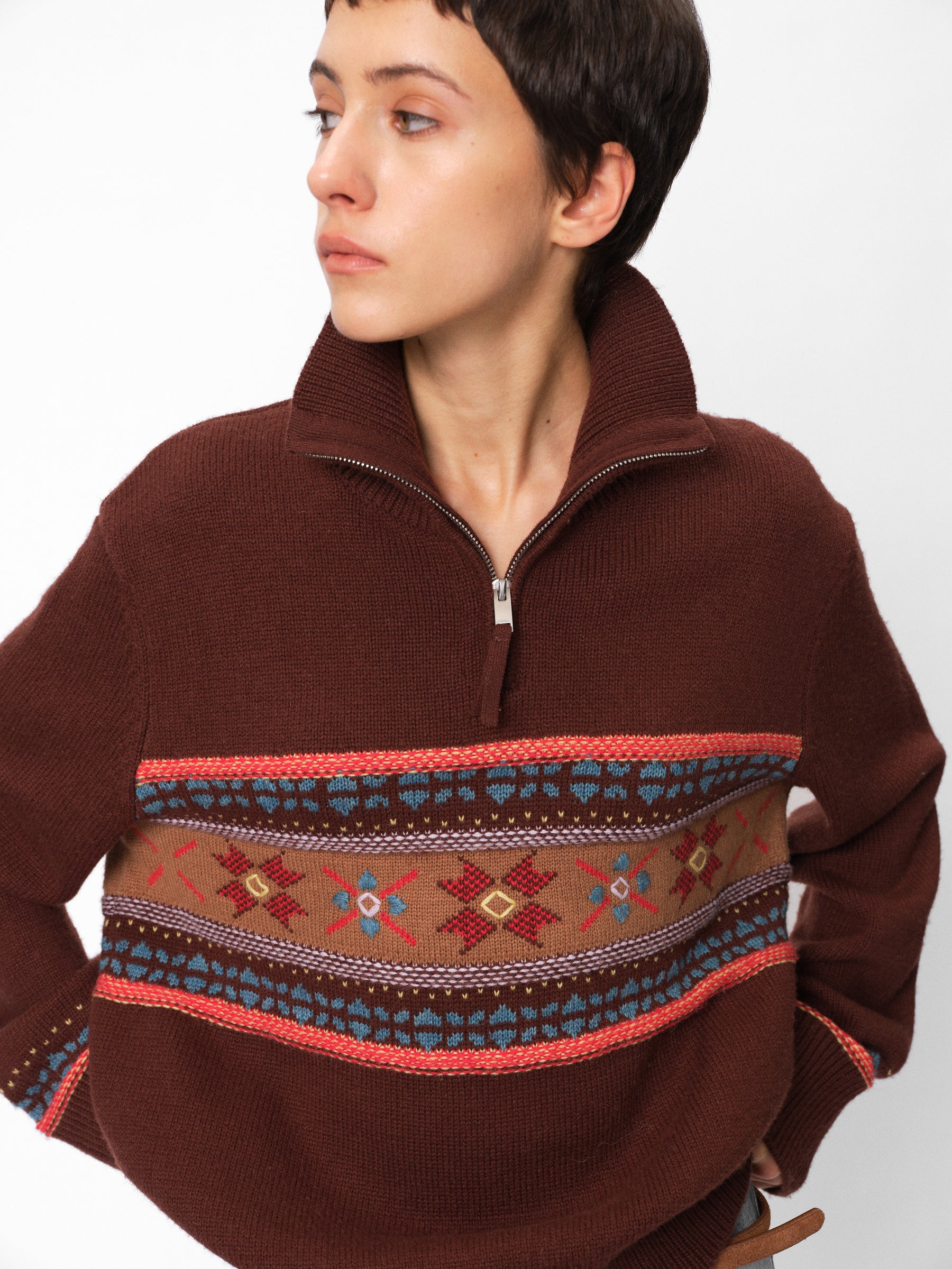 Half-Zip Stand Collar Fair Isle Jacquard Pullover coffee brown