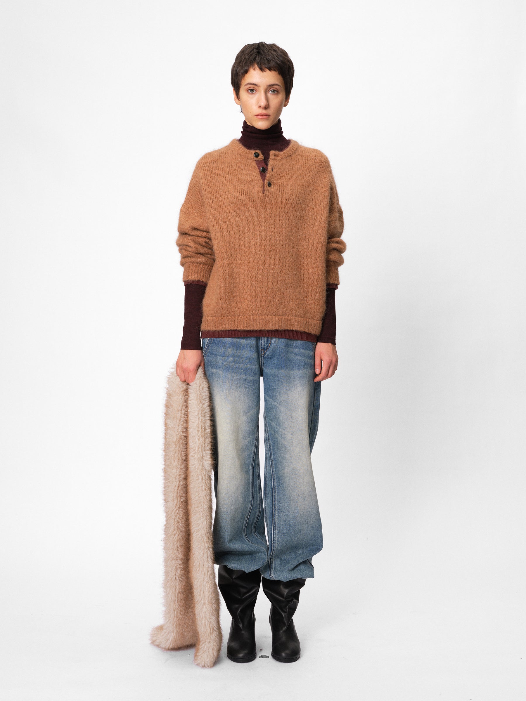 Brushed Alpaca Color-Block Paneled Half-Zip Sweater khaki