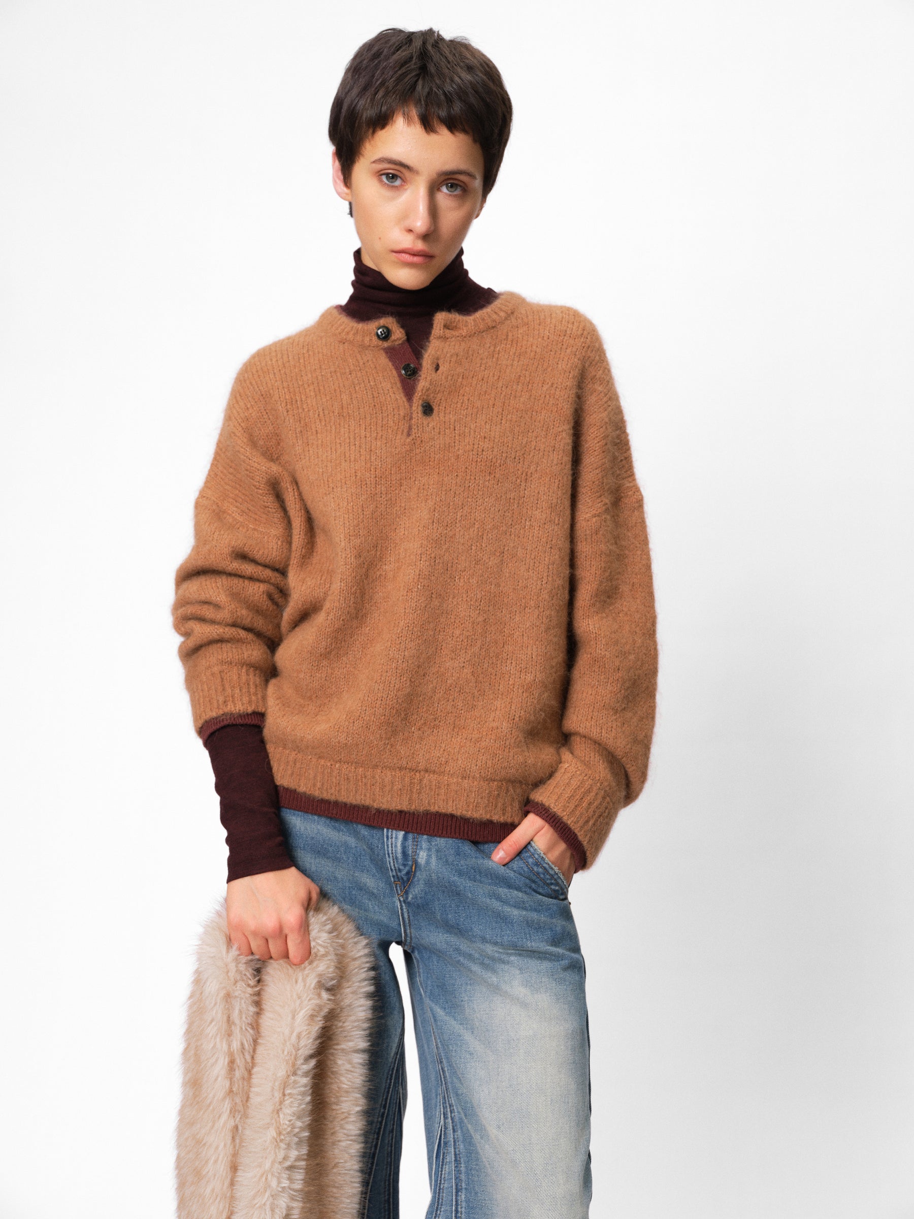 Brushed Alpaca Color-Block Paneled Half-Zip Sweater khaki