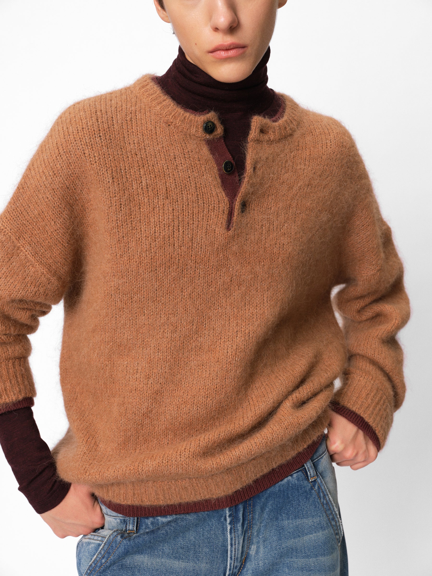 Brushed Alpaca Color-Block Paneled Half-Zip Sweater khaki