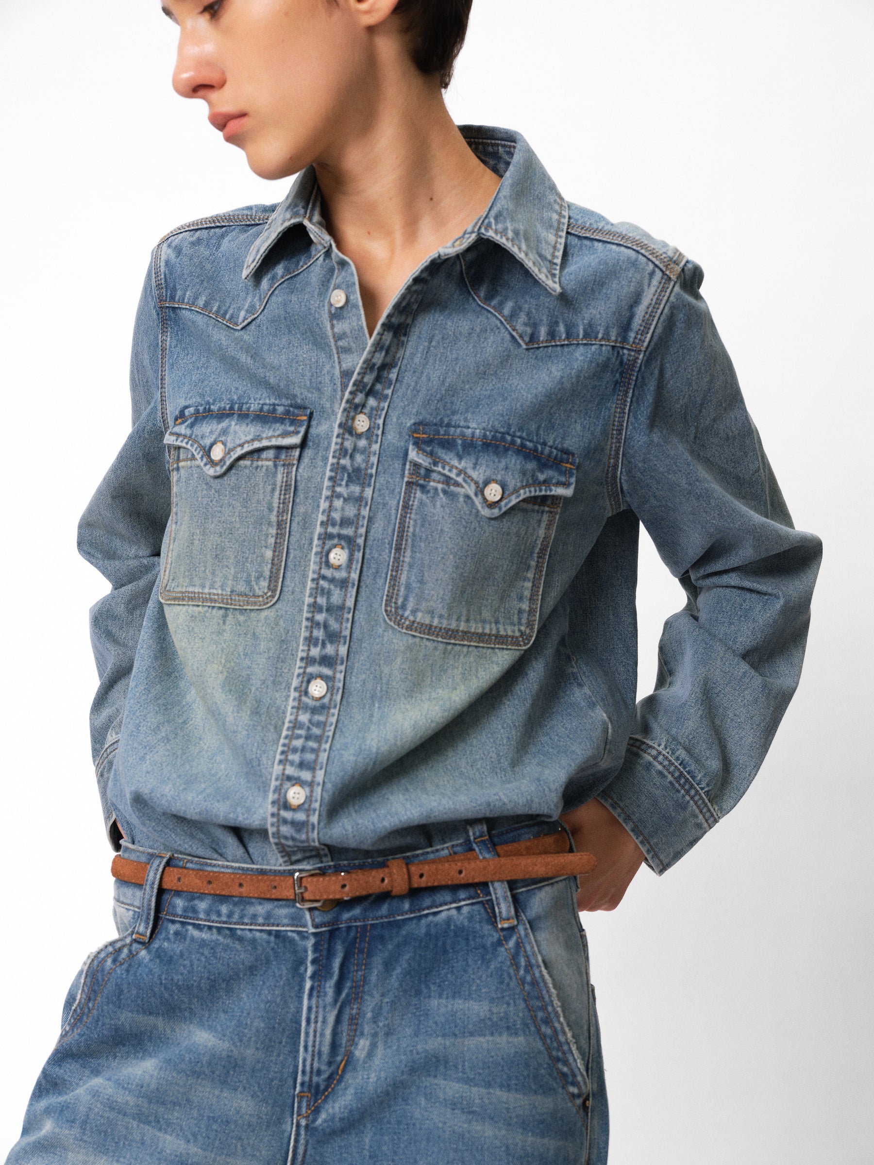 Vintage Washed Blue & Light Stone Relaxed Fit Denim Shirt washed blue