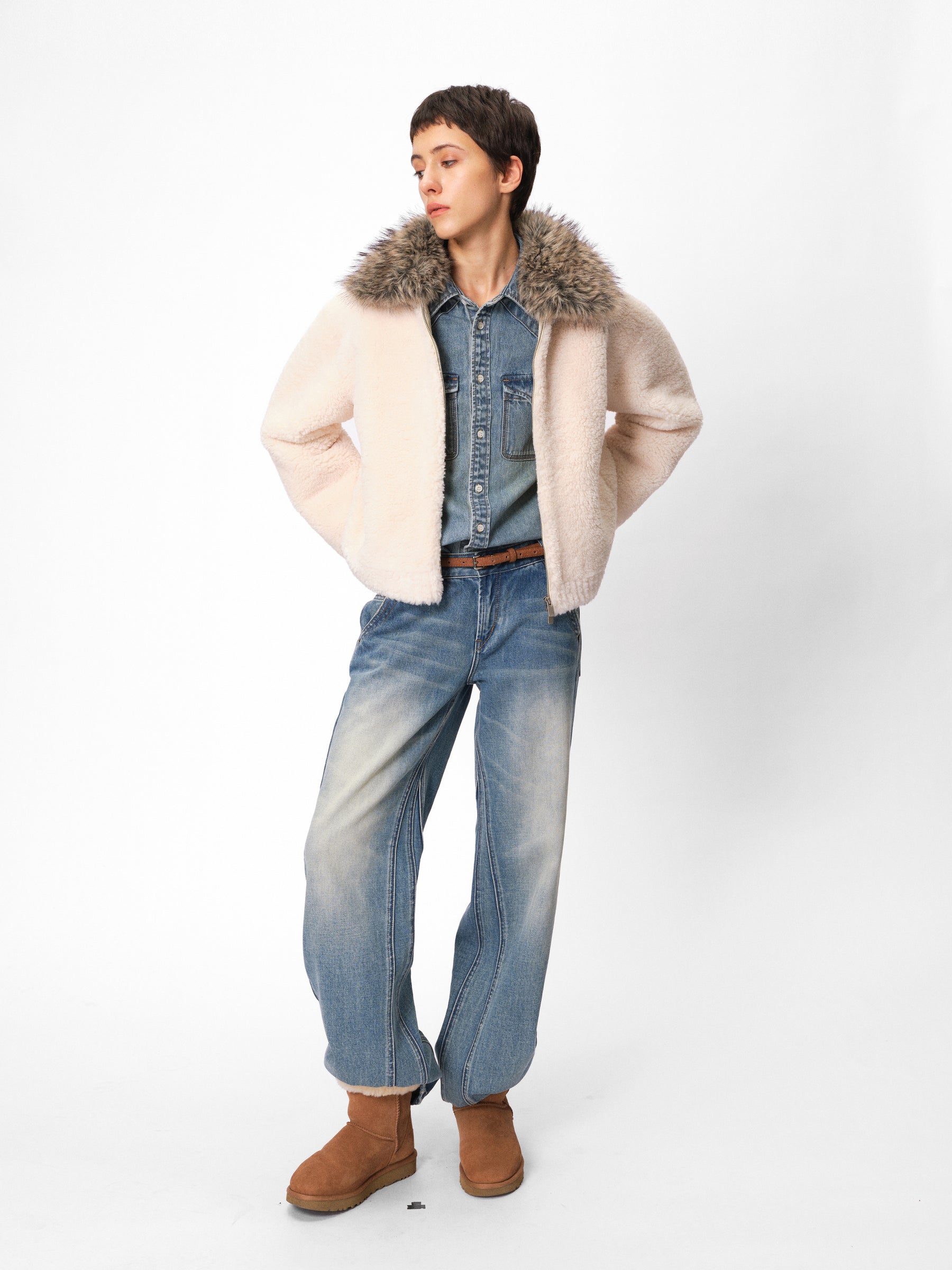 Detachable Faux Fur Collar Shearling Jacket cream