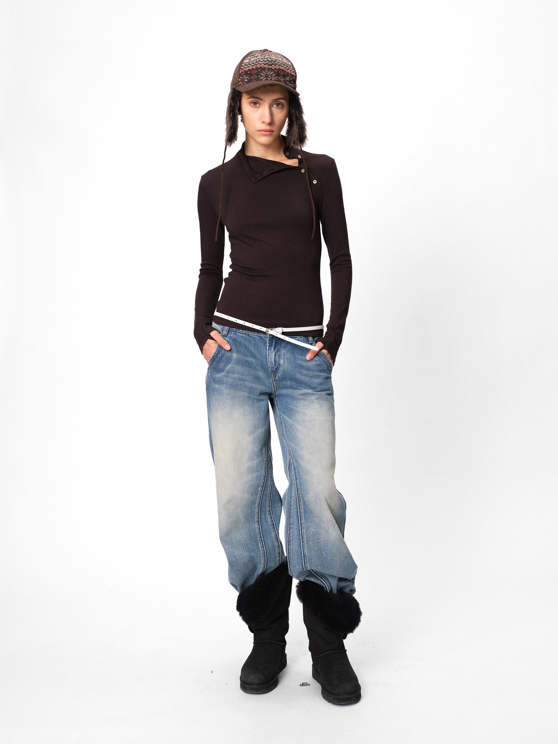 Asymmetric Button Placket Mock Neck Slim Fit Long-Sleeve Base Layer black