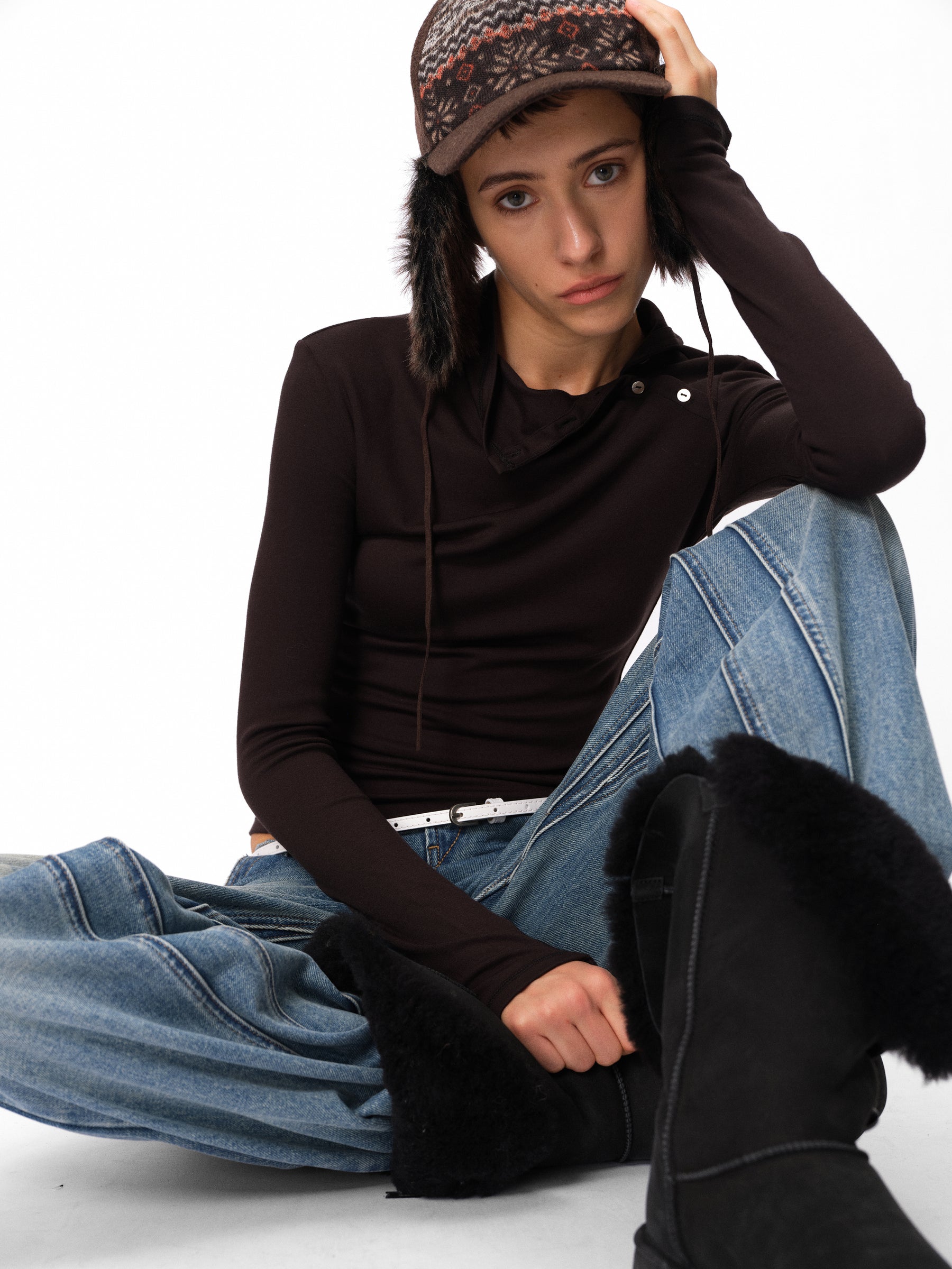 Asymmetric Button Placket Mock Neck Slim Fit Long-Sleeve Base Layer black