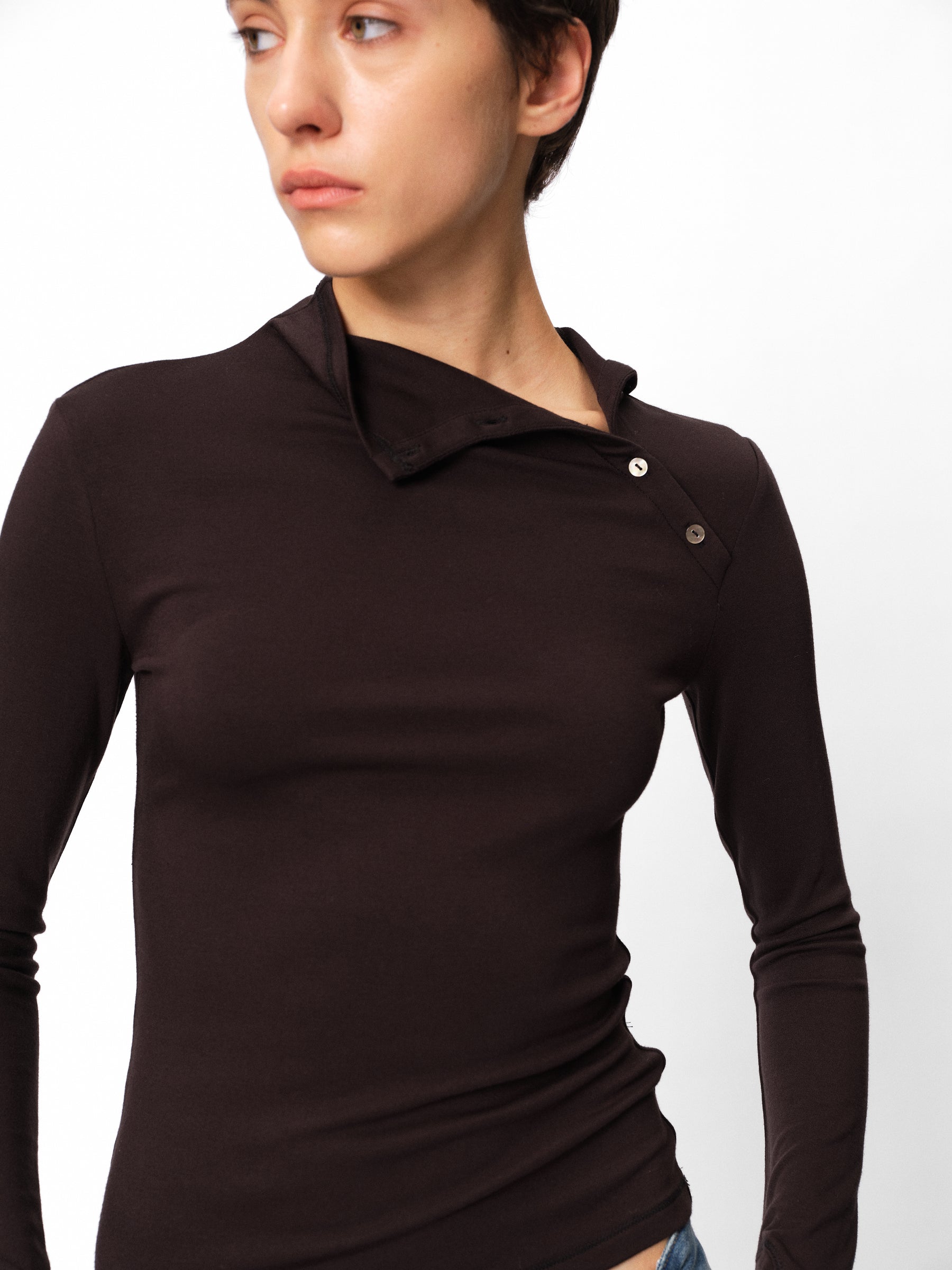 Asymmetric Button Placket Mock Neck Slim Fit Long-Sleeve Base Layer black