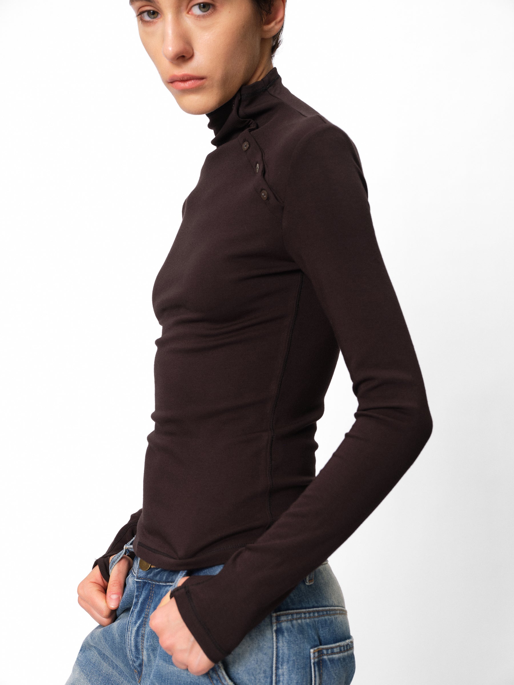 Asymmetric Button Placket Mock Neck Slim Fit Long-Sleeve Base Layer black