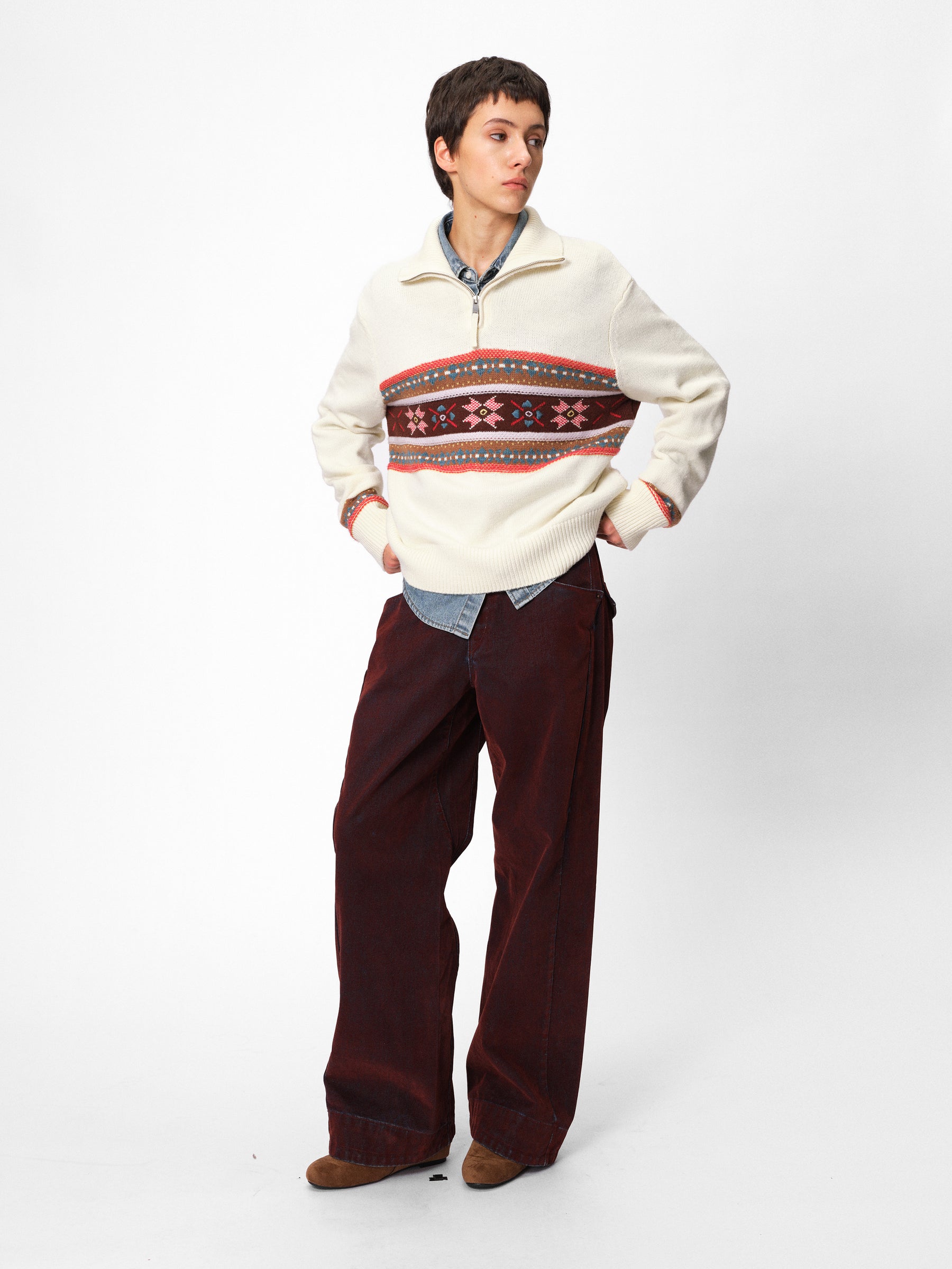 Half-Zip Stand Collar Fair Isle Jacquard Pullover oatmeal