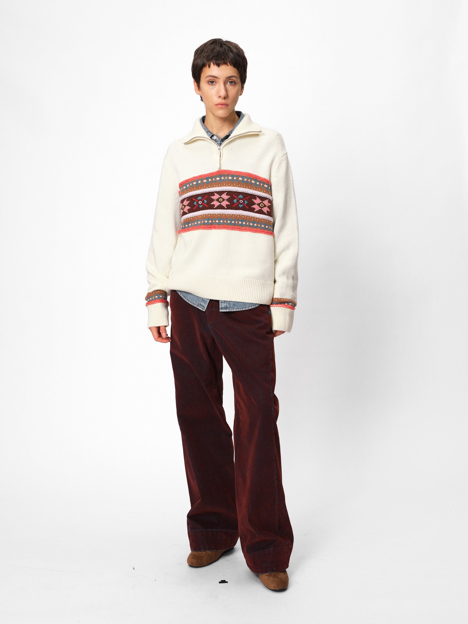 Half-Zip Stand Collar Fair Isle Jacquard Pullover oatmeal