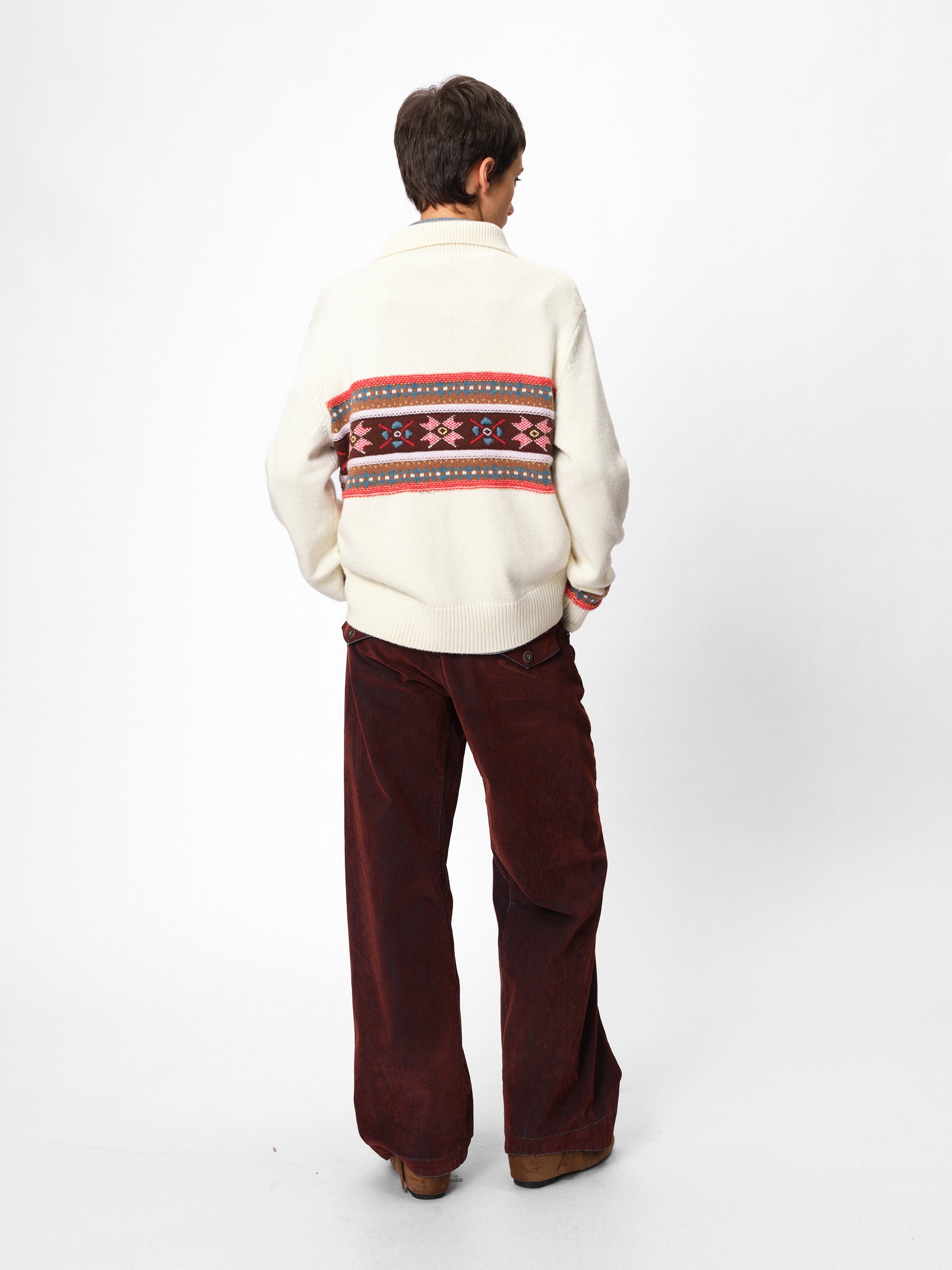 Half-Zip Stand Collar Fair Isle Jacquard Pullover oatmeal