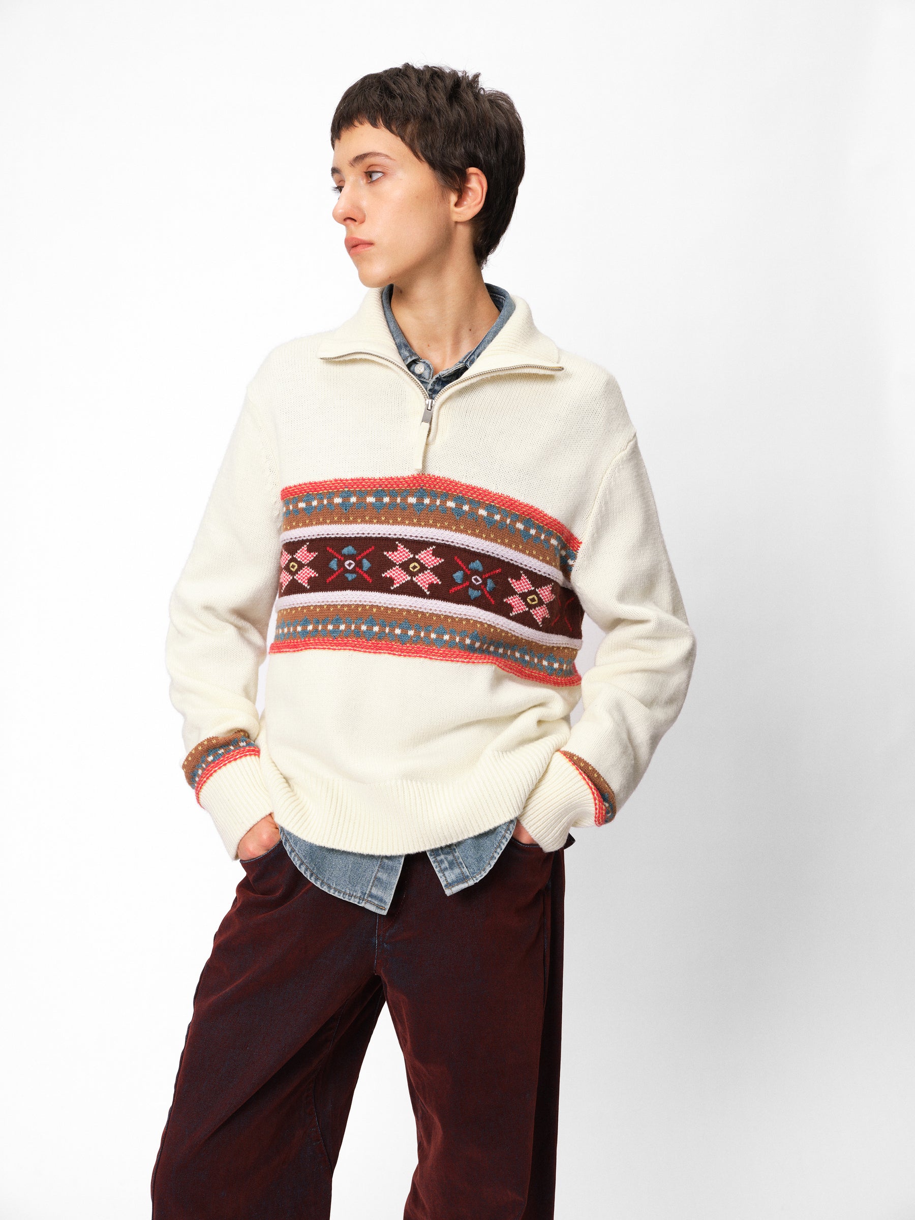 Half-Zip Stand Collar Fair Isle Jacquard Pullover oatmeal