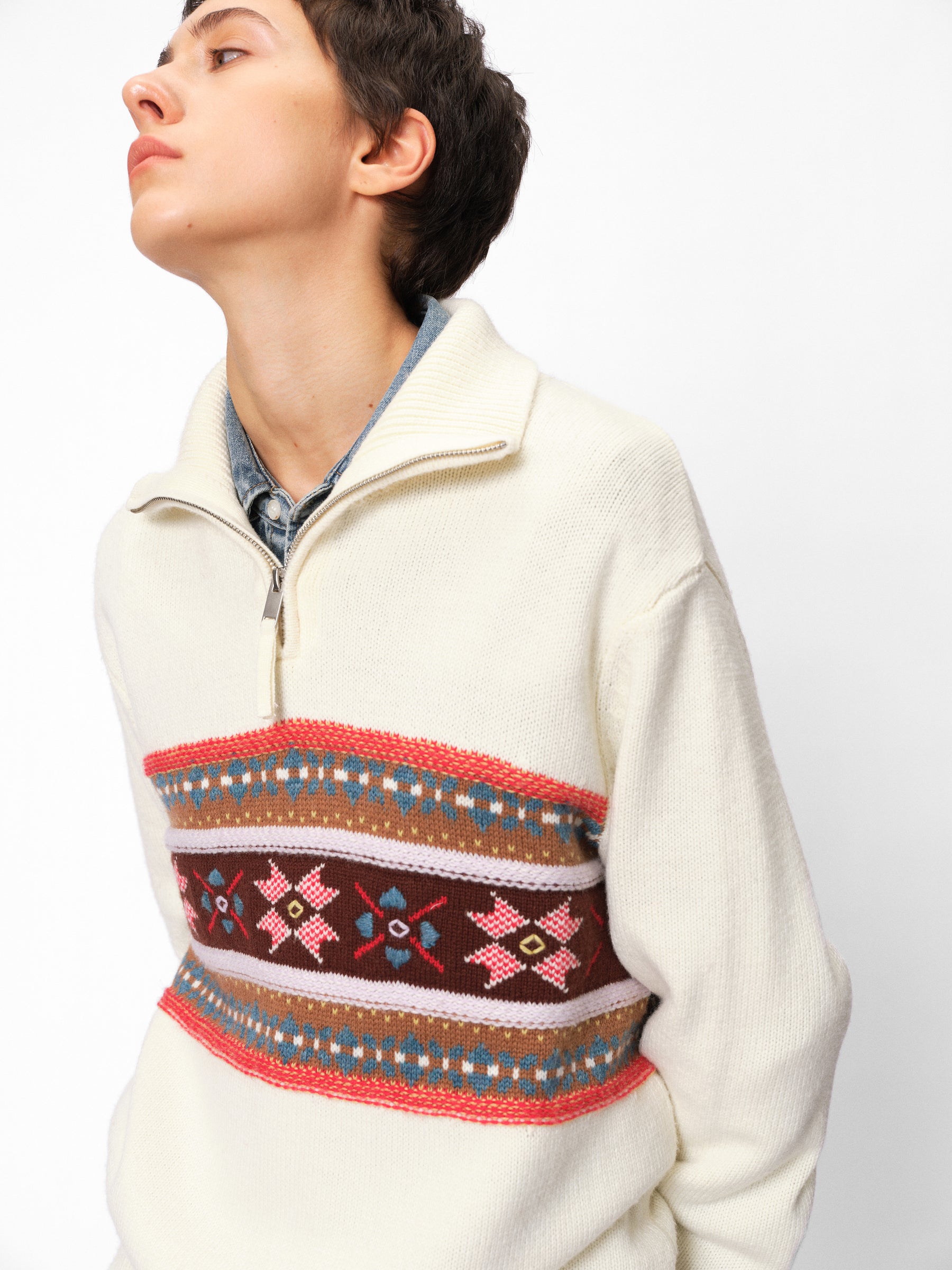 Half-Zip Stand Collar Fair Isle Jacquard Pullover oatmeal