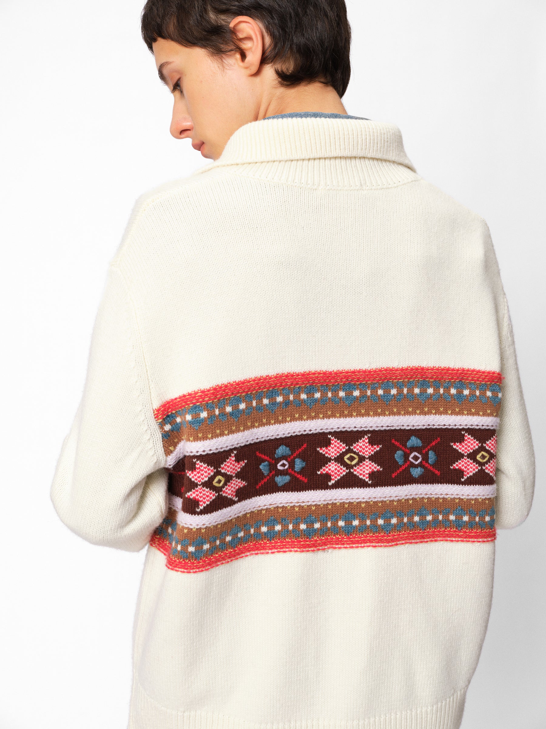 Half-Zip Stand Collar Fair Isle Jacquard Pullover oatmeal