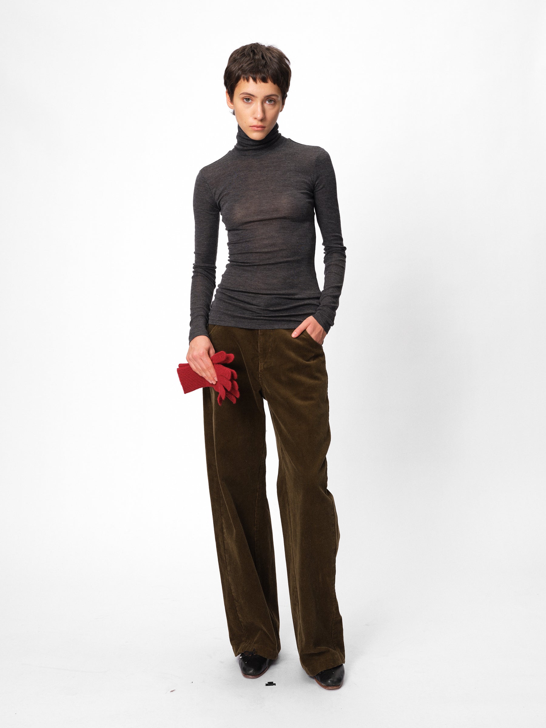 Merino Wool Regular-Sleeve Mock Neck Fitted Long-Sleeve Top heather gray