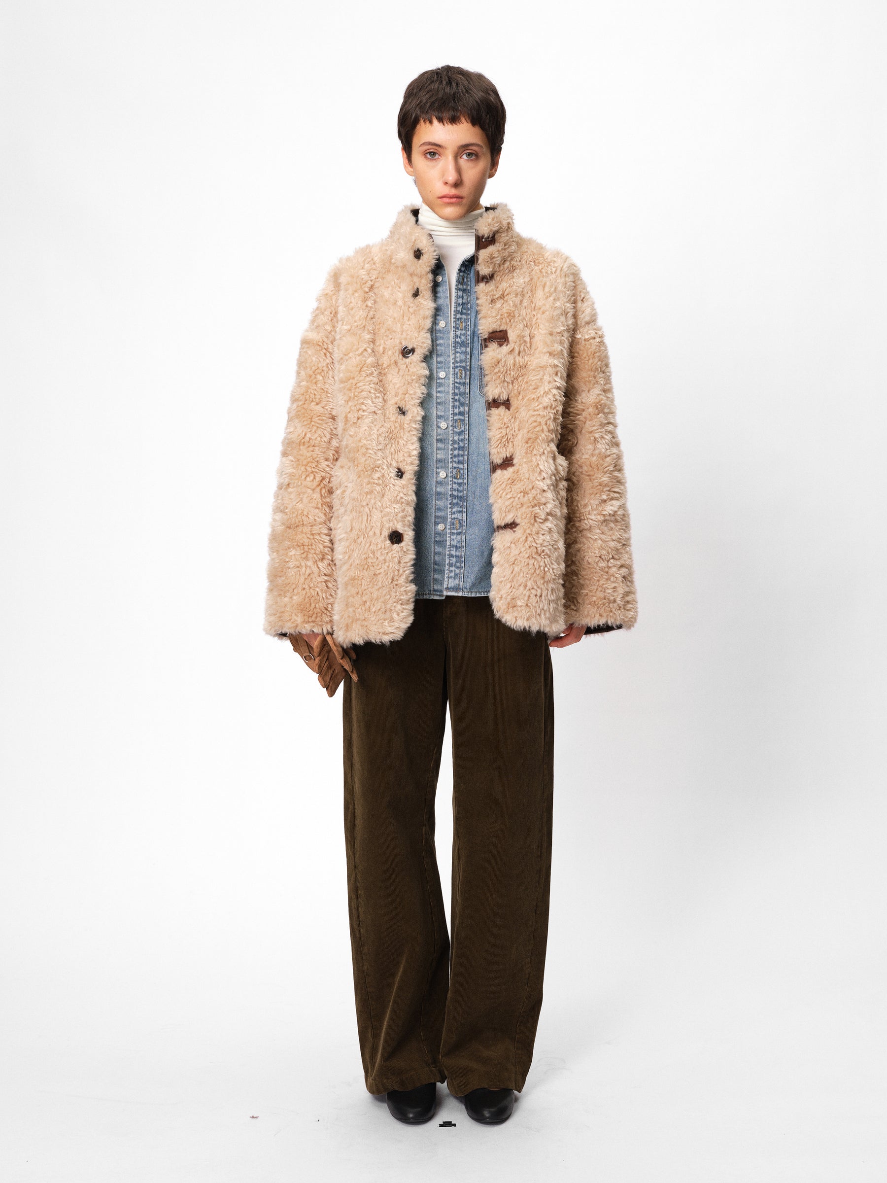 Reversible Notched Collar Faux Shearling Coat mocha
