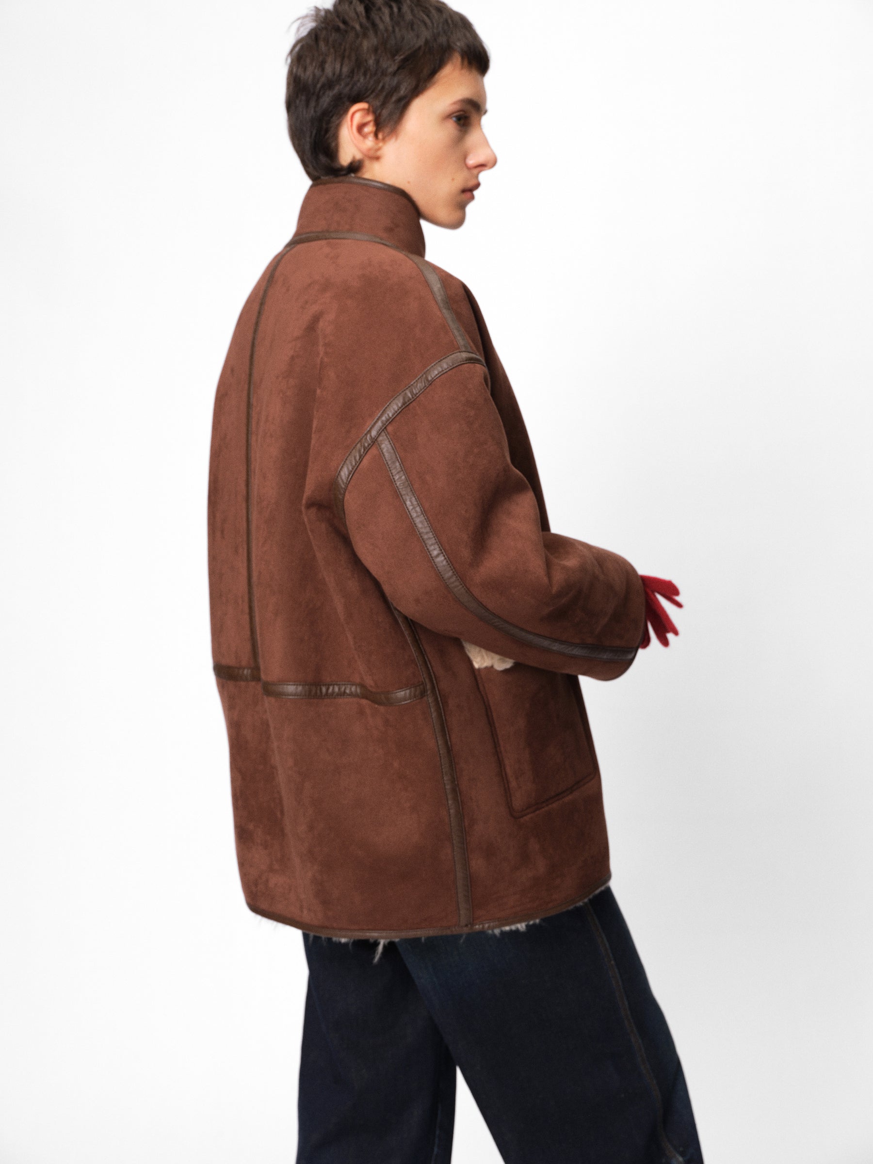 Reversible Notched Collar Faux Shearling Coat mocha