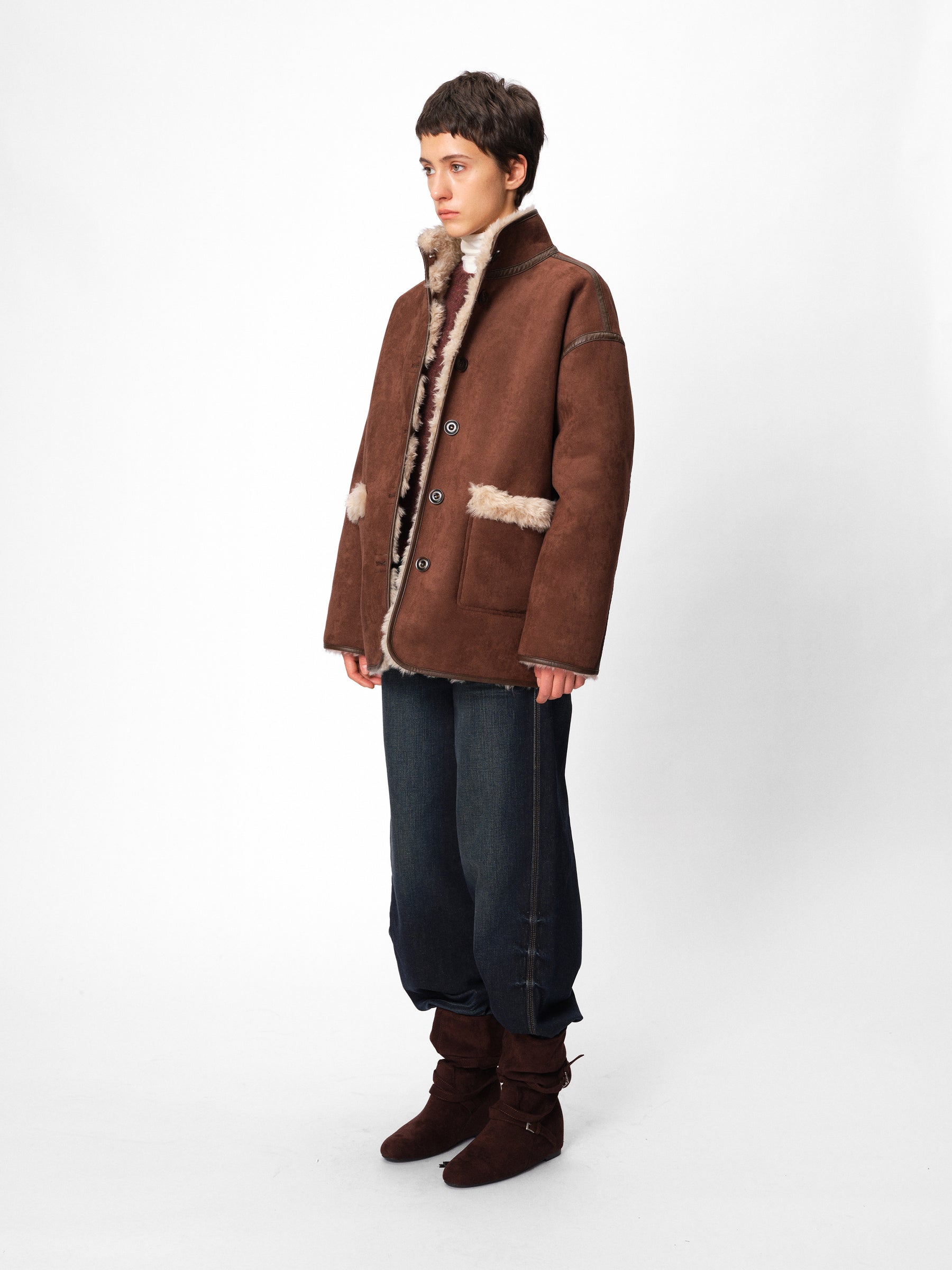 Reversible Notched Collar Faux Shearling Coat mocha