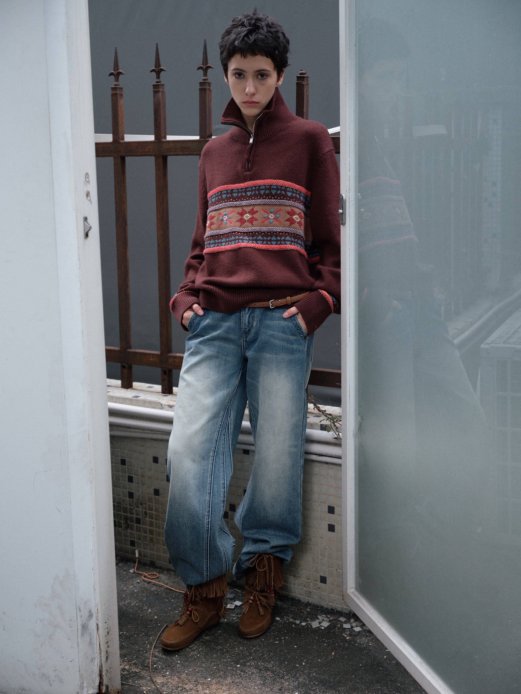 Half-Zip Stand Collar Fair Isle Jacquard Pullover coffee brown