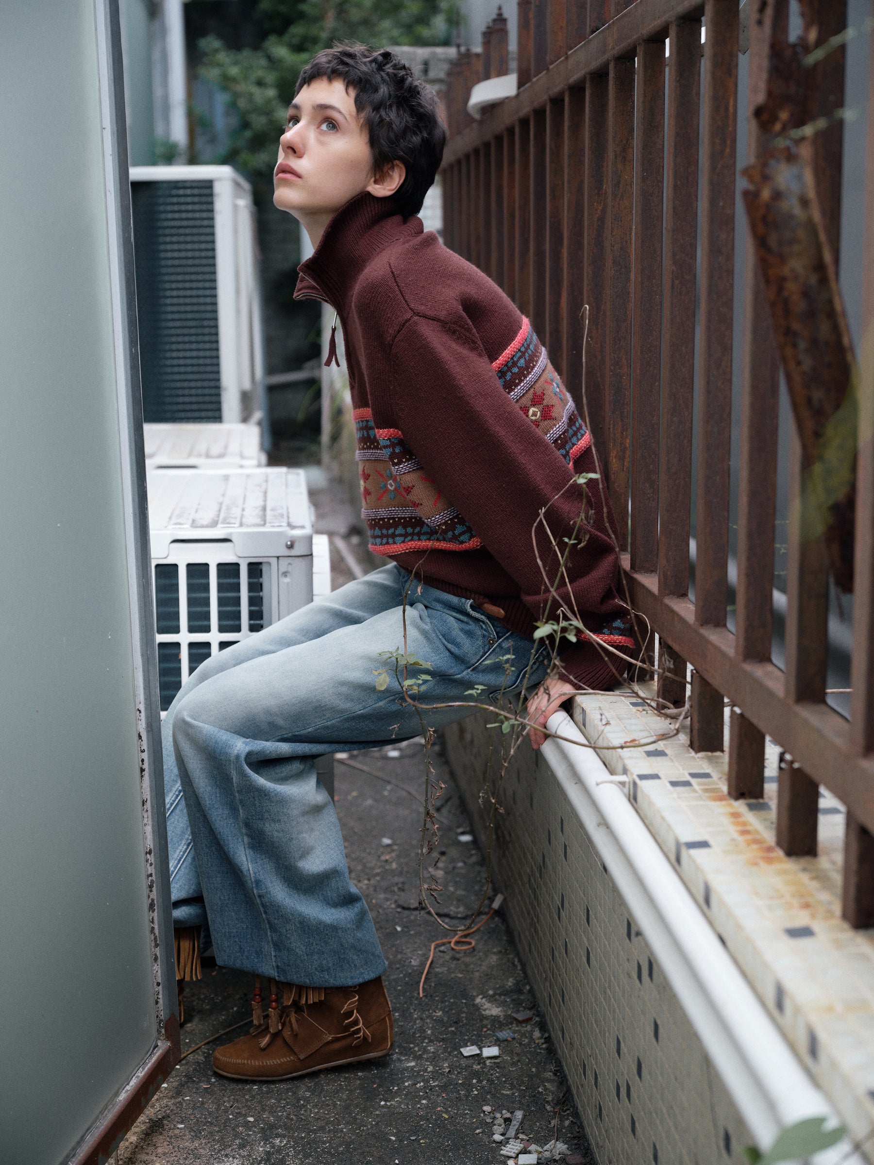 Half-Zip Stand Collar Fair Isle Jacquard Pullover coffee brown
