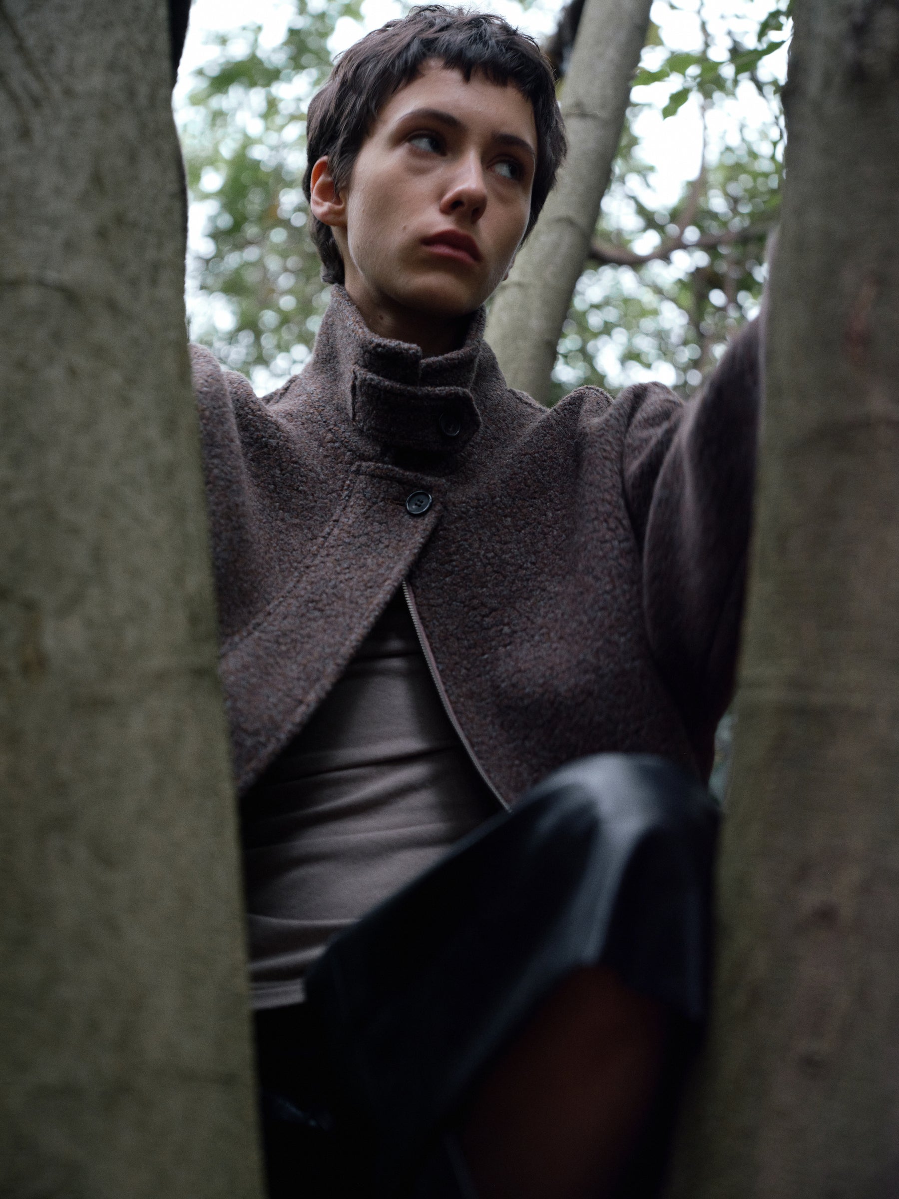 Wool Blend Plush Loop Knit Stand Collar Oversized Jacket taupe