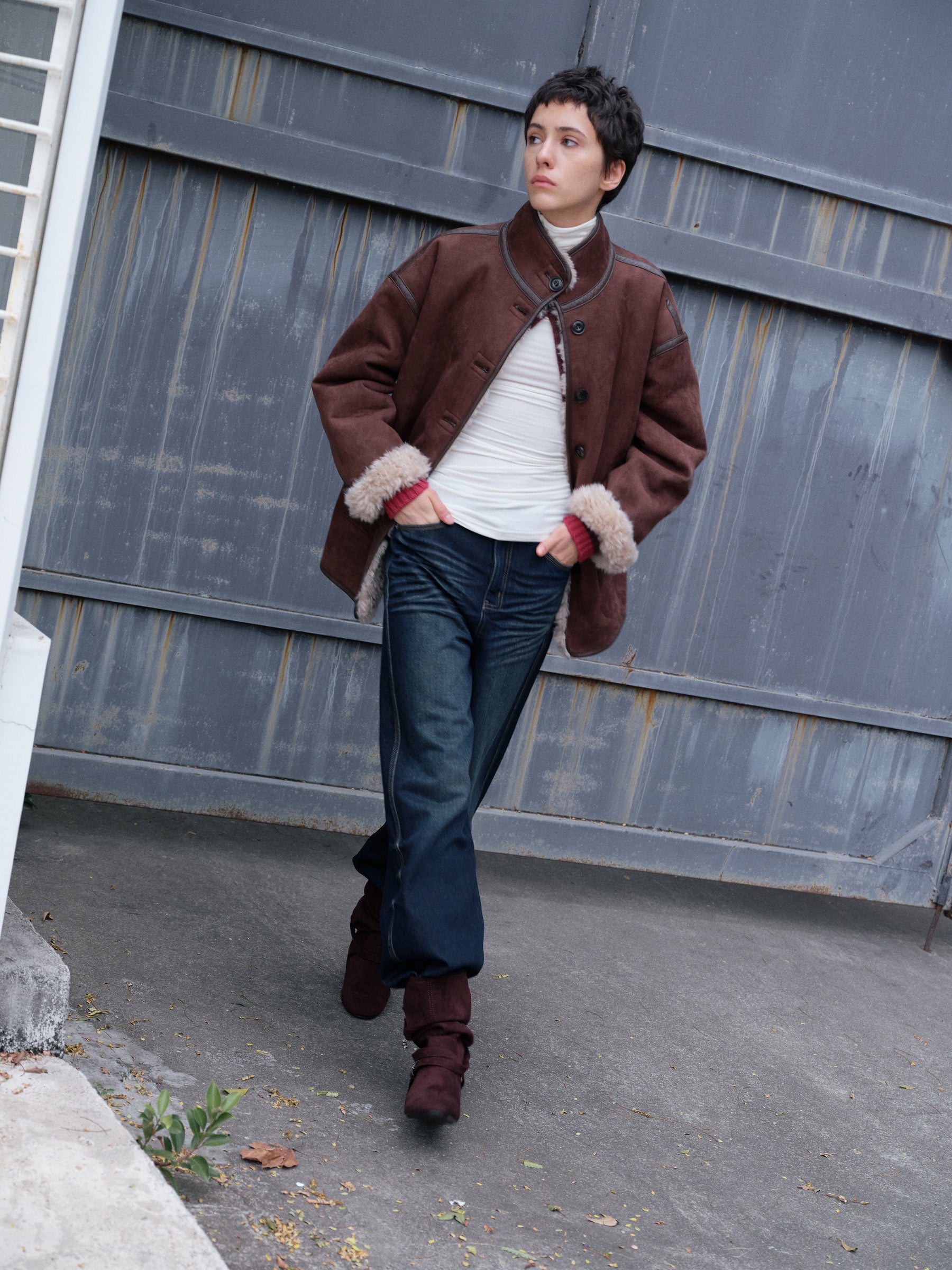 Reversible Notched Collar Faux Shearling Coat mocha