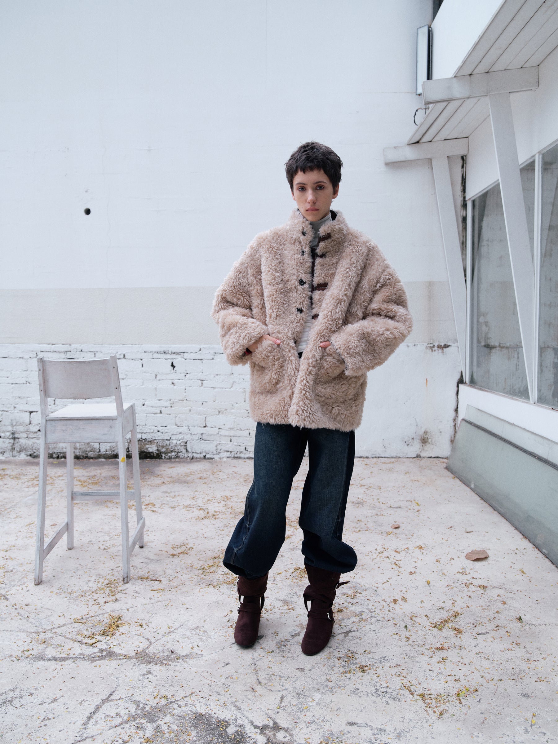 Reversible Notched Collar Faux Shearling Coat mocha